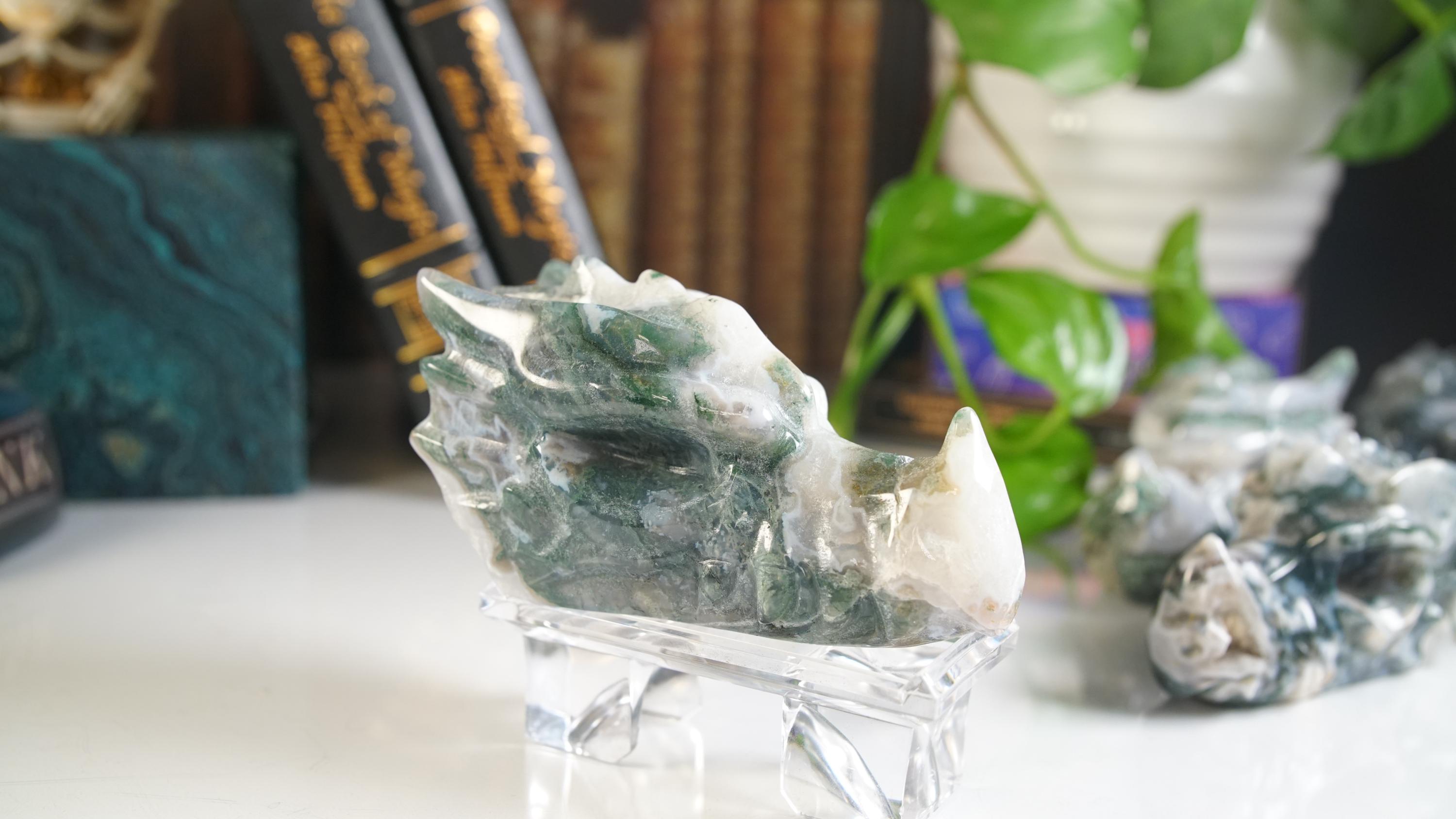 Moss Agate Dragon Head Healing Crystal Druzy Moss Agate Carving Stone Statue Energy Goddess Body Energy Reiki Altar
