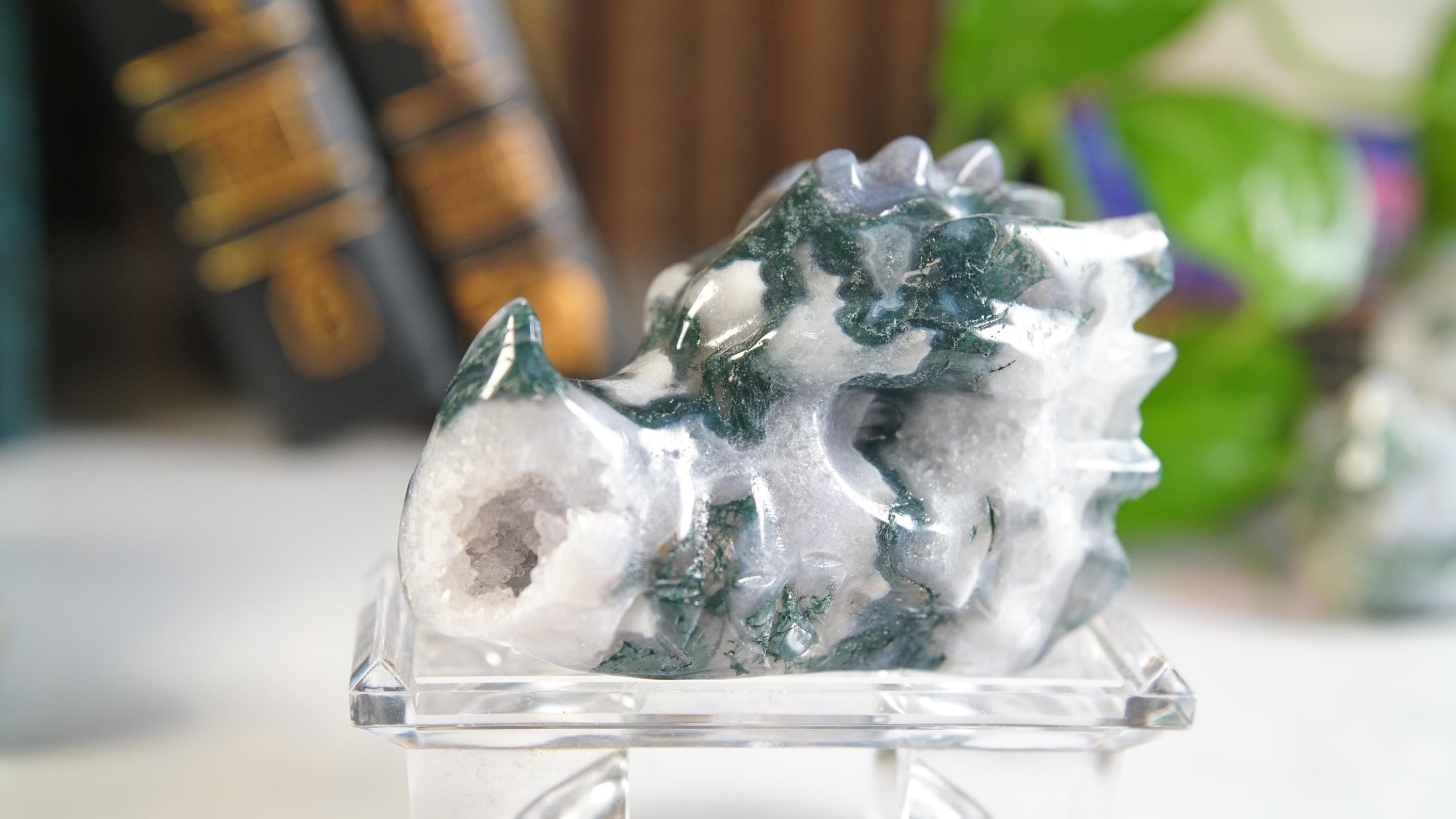 Moss Agate Dragon Head Healing Crystal Druzy Moss Agate Carving Stone Statue Energy Goddess Body Energy Reiki Altar