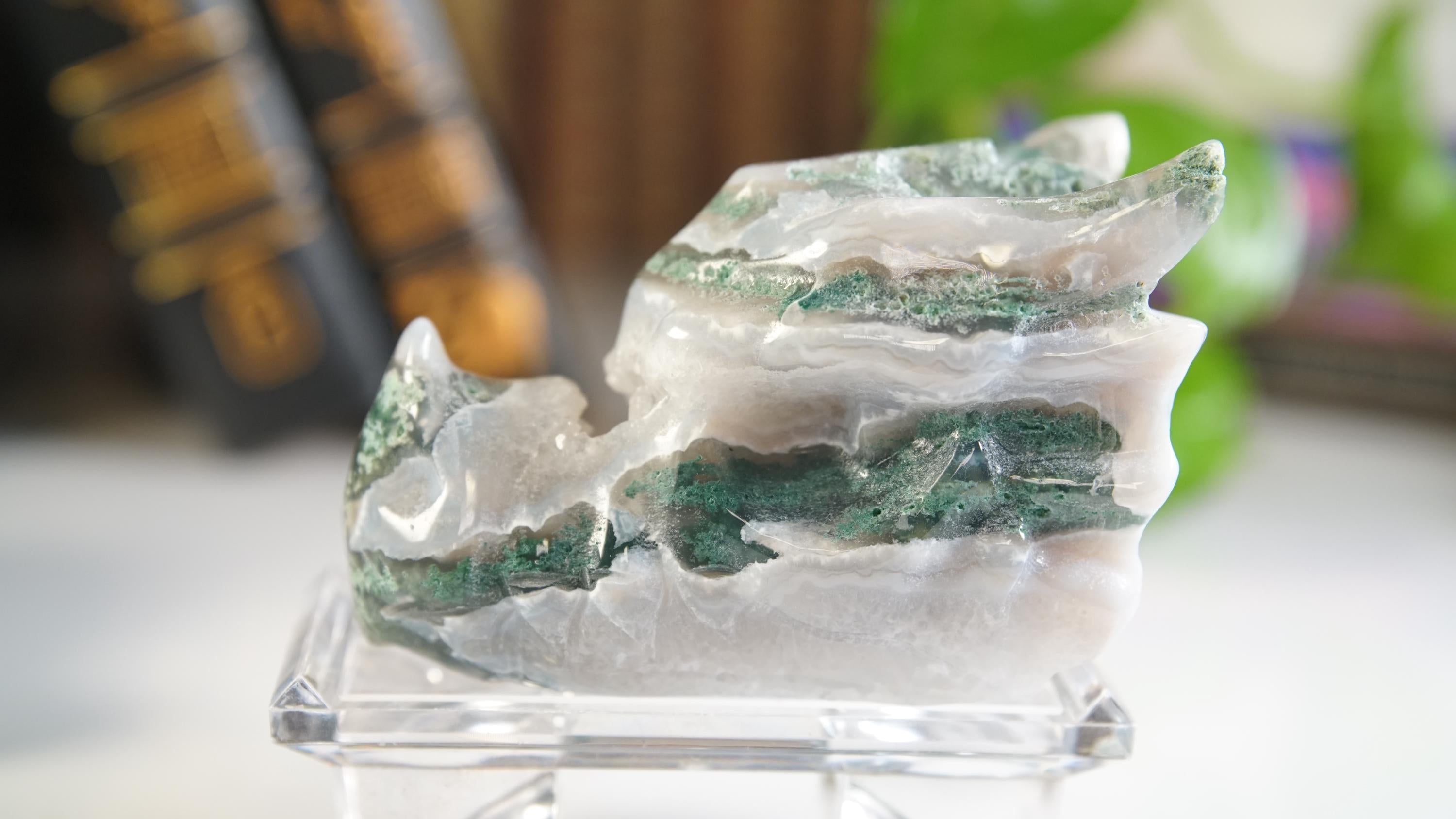 Moss Agate Dragon Head Healing Crystal Druzy Moss Agate Carving Stone Statue Energy Goddess Body Energy Reiki Altar