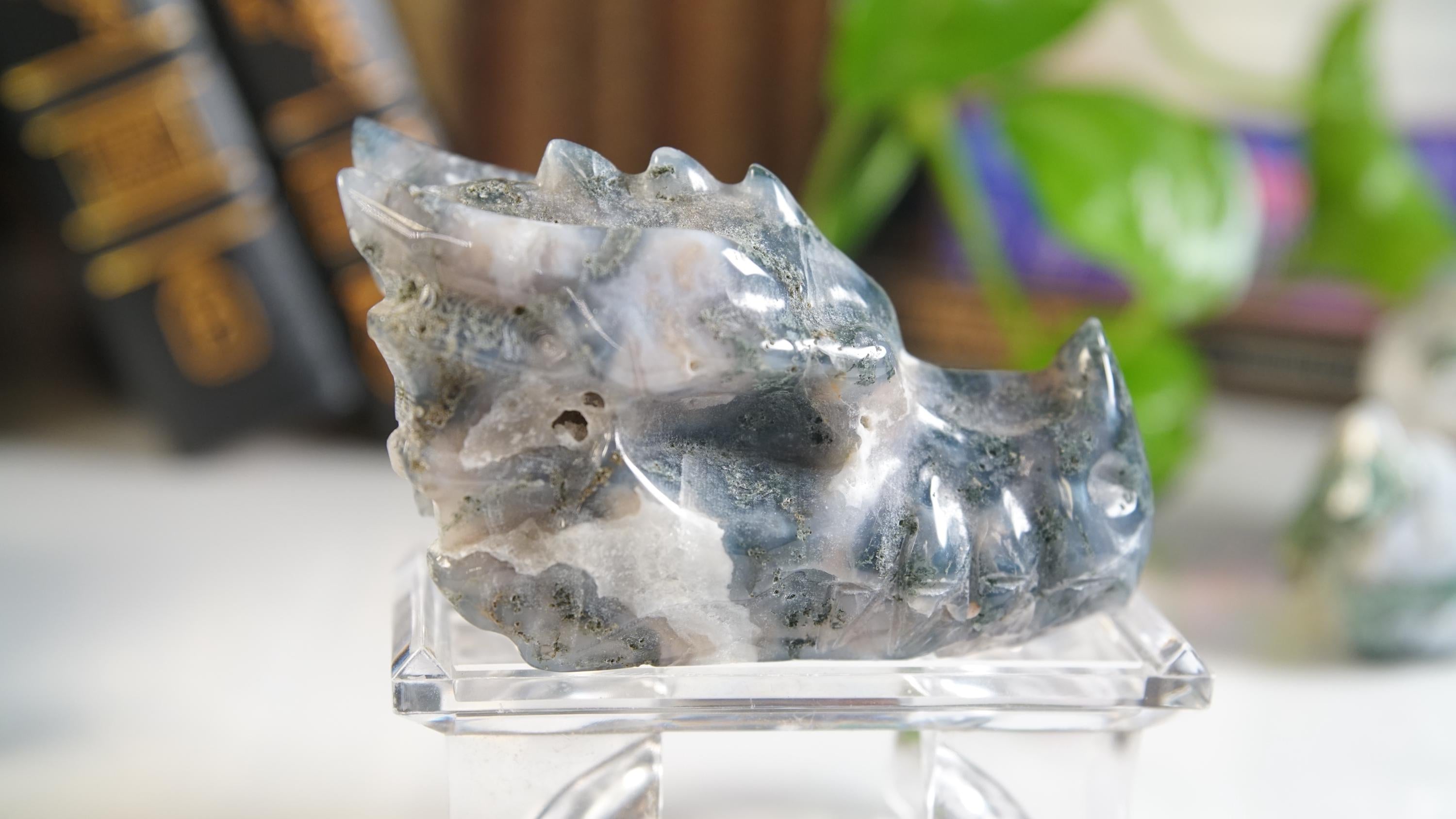 Moss Agate Dragon Head Healing Crystal Druzy Moss Agate Carving Stone Statue Energy Goddess Body Energy Reiki Altar