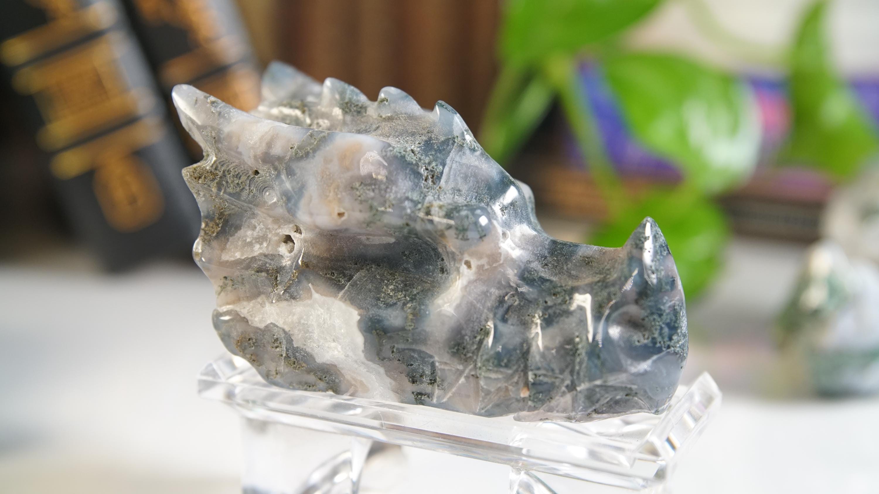 Moss Agate Dragon Head Healing Crystal Druzy Moss Agate Carving Stone Statue Energy Goddess Body Energy Reiki Altar