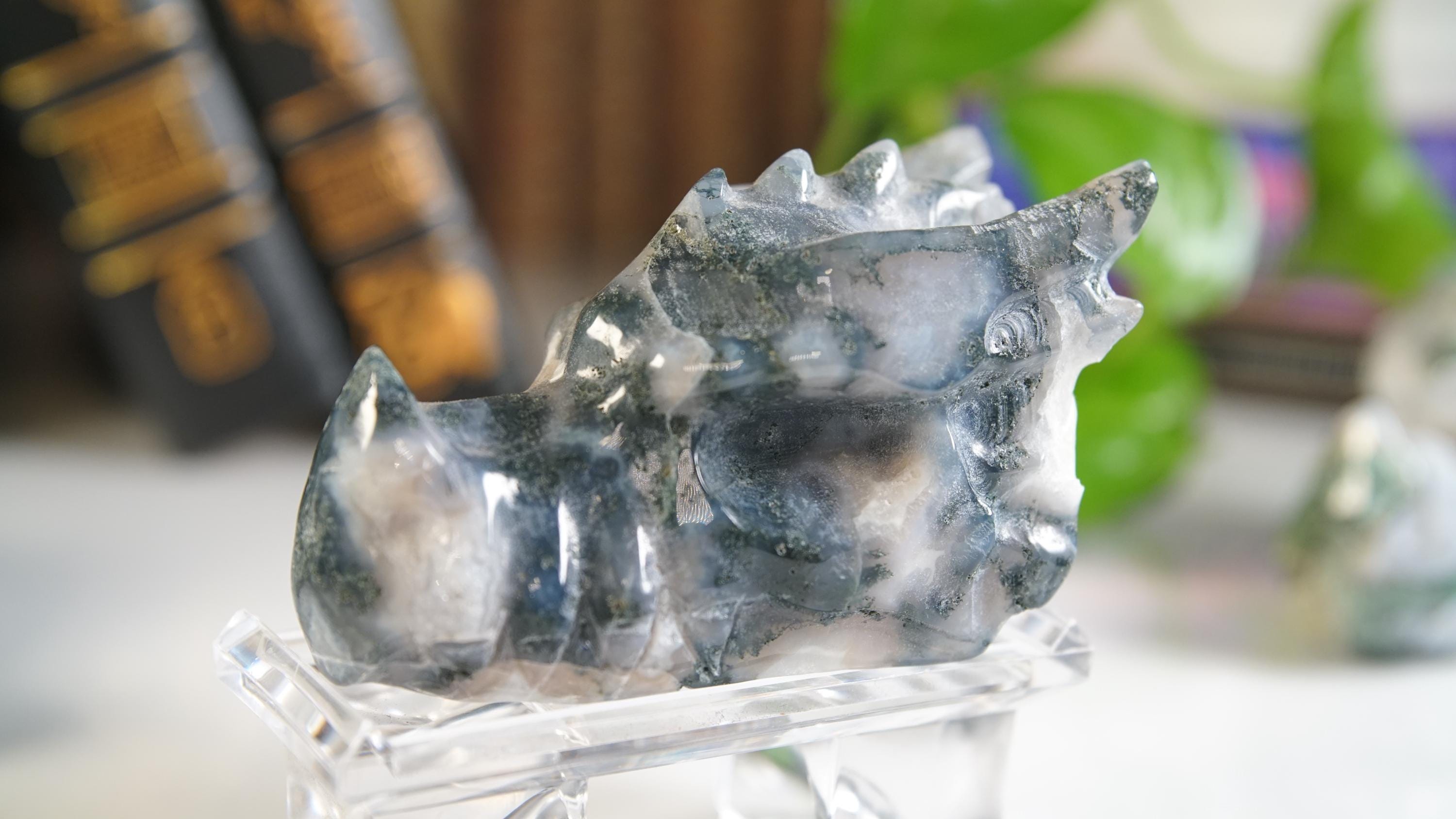 Moss Agate Dragon Head Healing Crystal Druzy Moss Agate Carving Stone Statue Energy Goddess Body Energy Reiki Altar