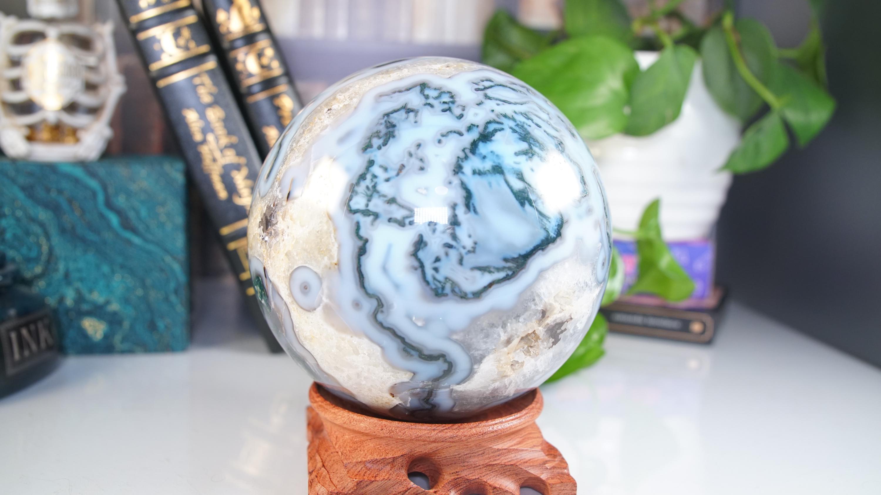 XL Blue Moss Agate Sphere | US Seller | Healing Crystal Druzy Moss Agate Carving Stone Statue Energy Energy Reiki Altar