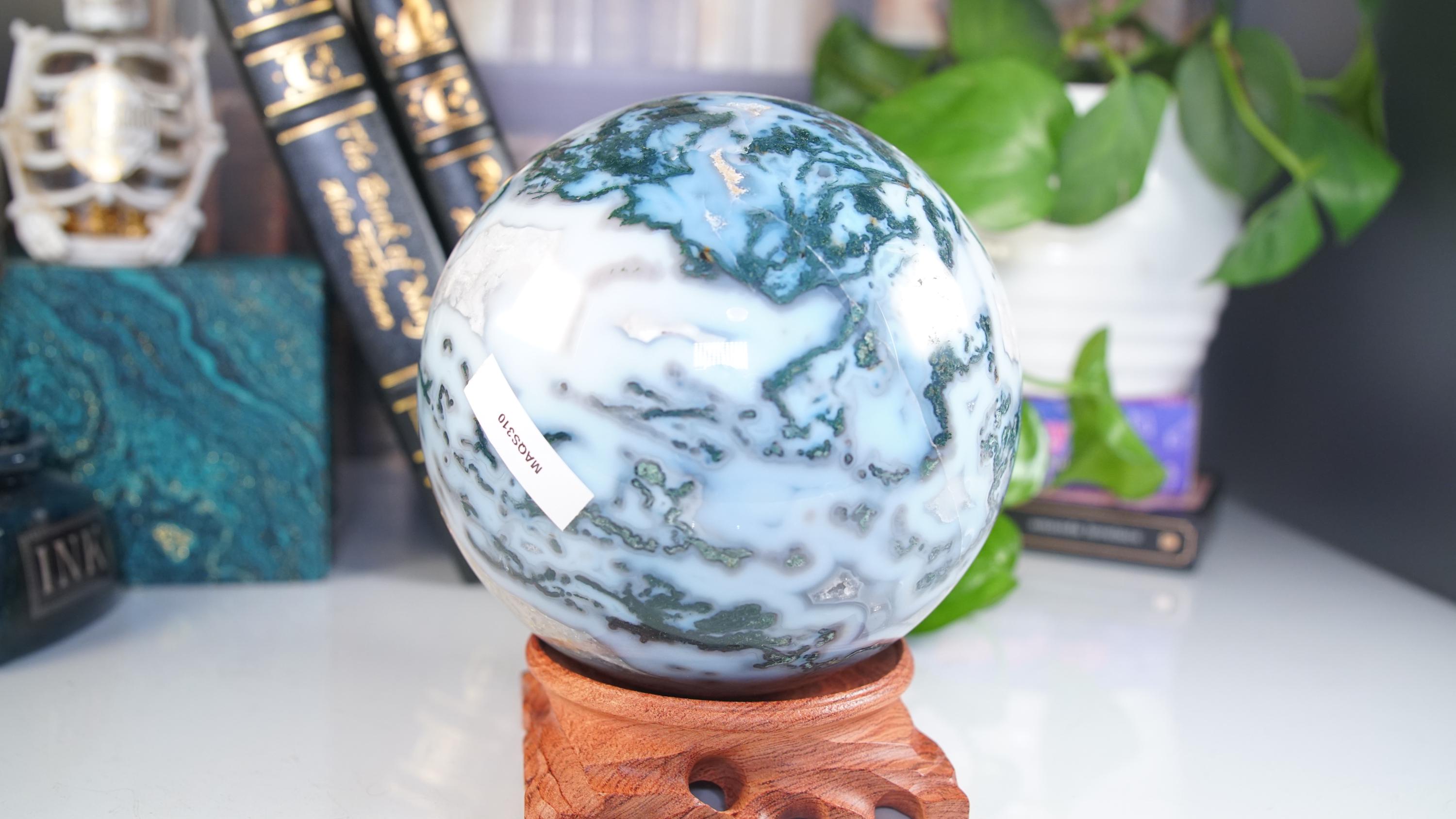 XL Blue Moss Agate Sphere | US Seller | Healing Crystal Druzy Moss Agate Carving Stone Statue Energy Energy Reiki Altar