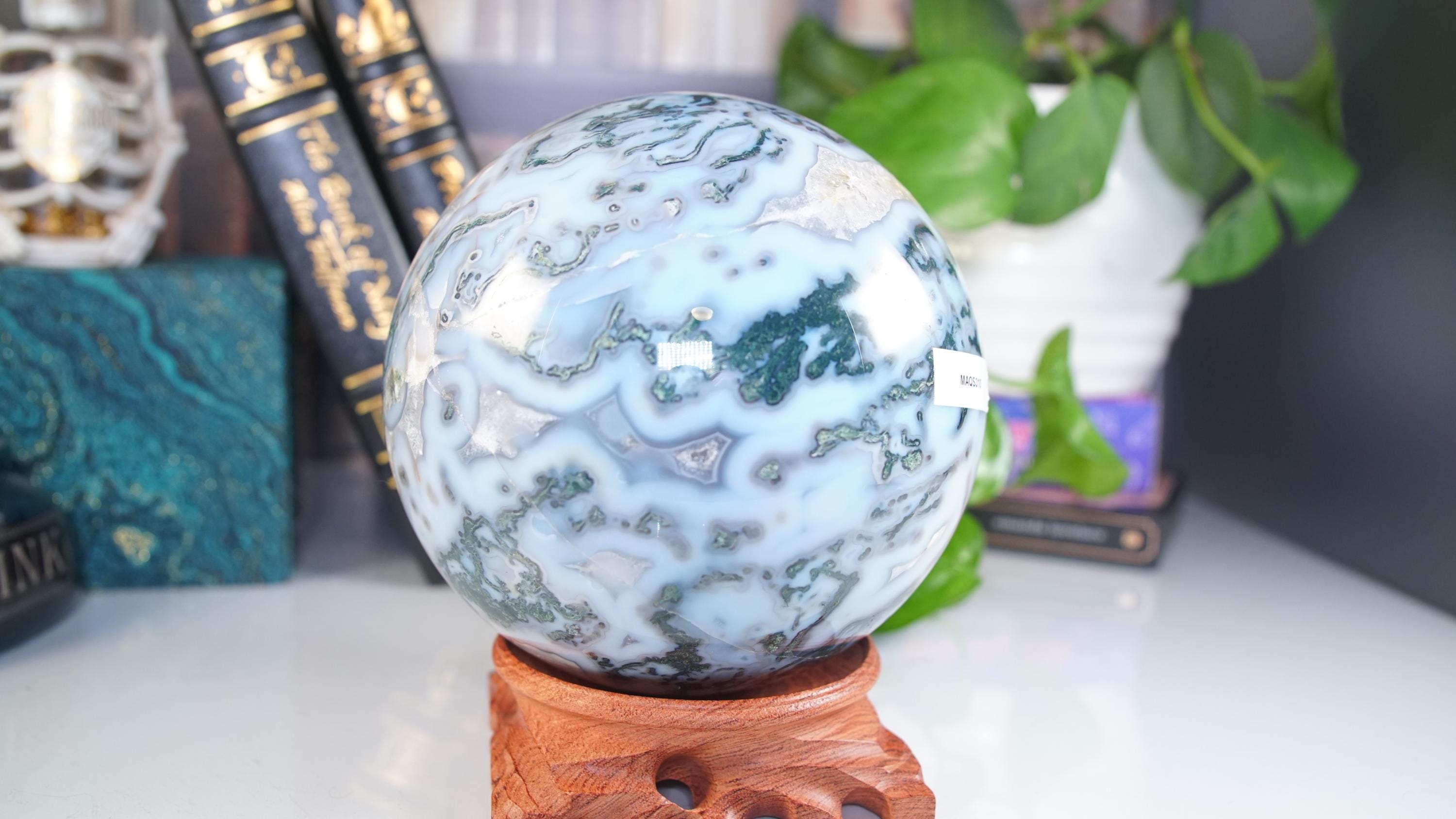XL Blue Moss Agate Sphere | US Seller | Healing Crystal Druzy Moss Agate Carving Stone Statue Energy Energy Reiki Altar