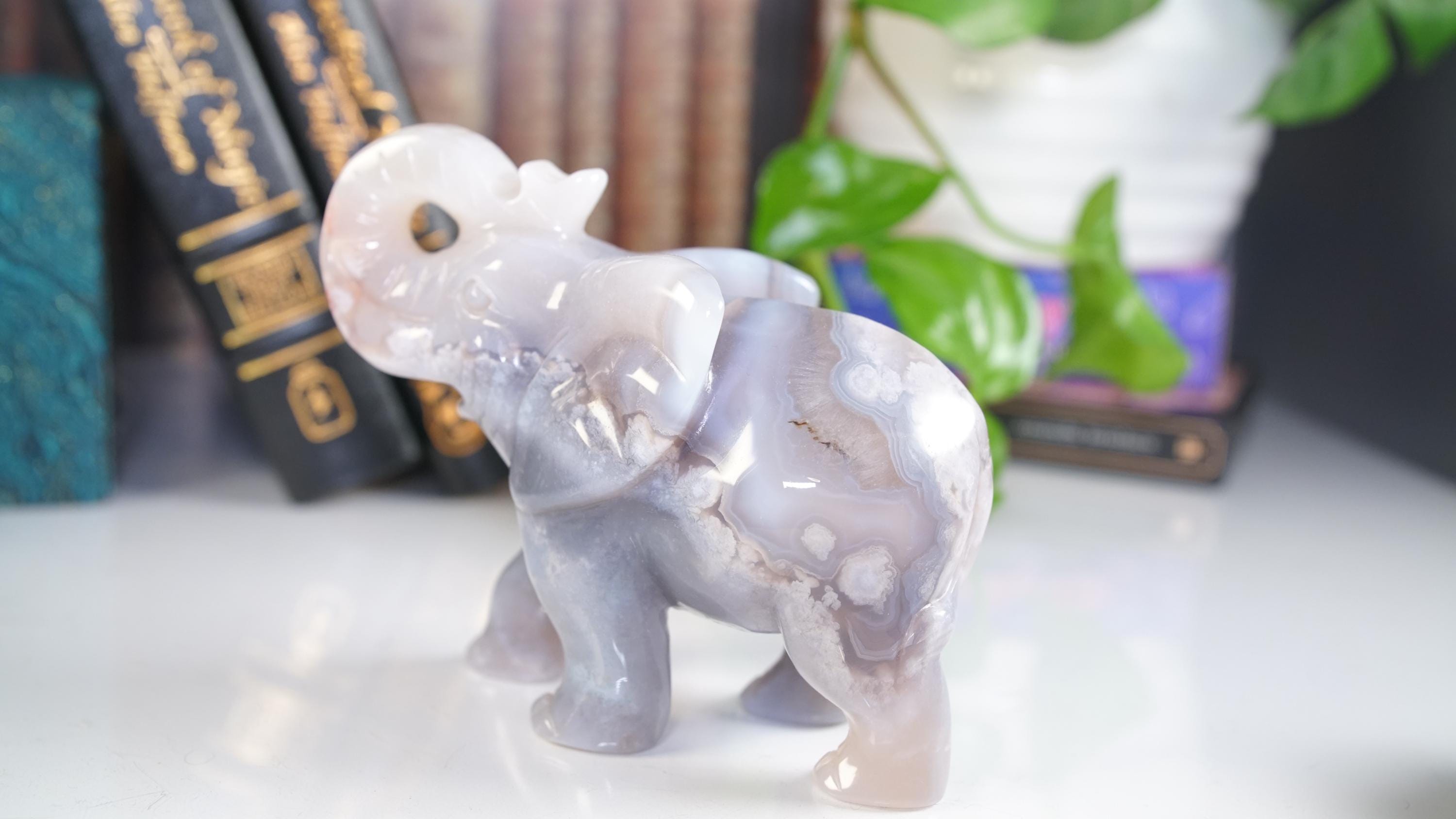 Flower Agate Elephant Crystal Carving | US Seller | Home Decor Energy Healing Feng Shui Altar Reiki Office Gift