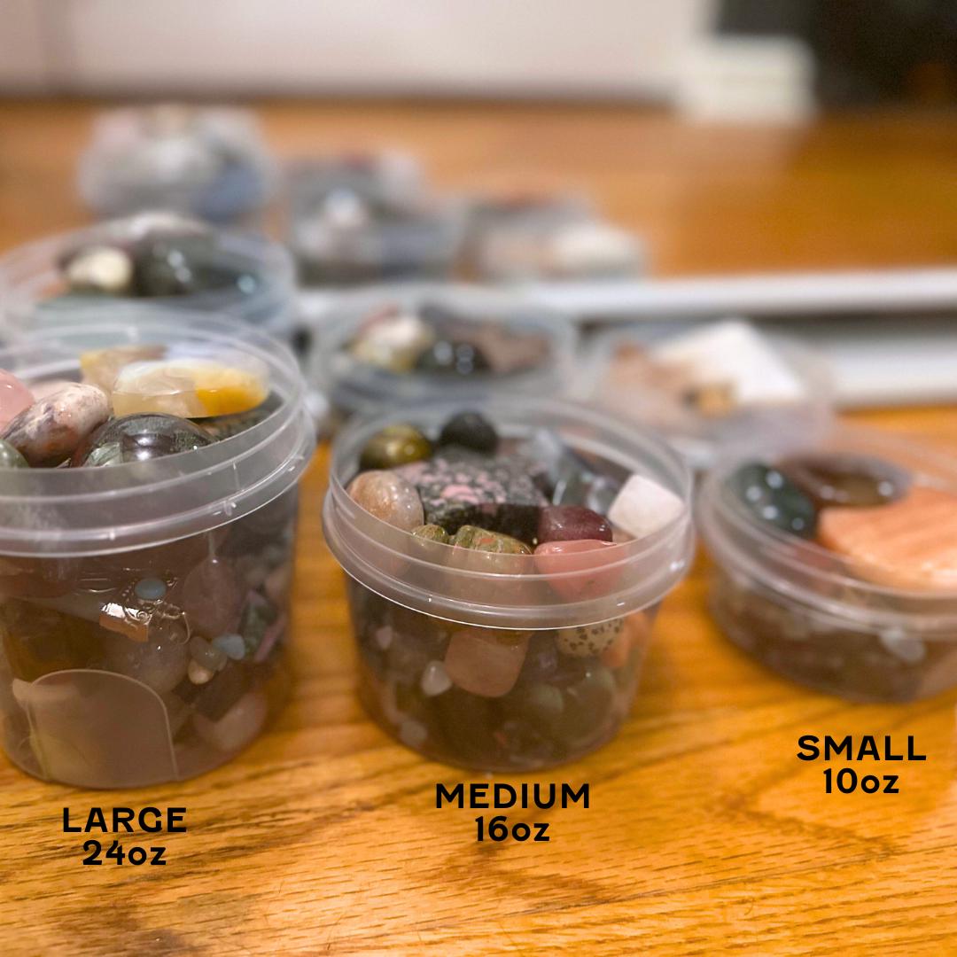 Mystery Crystal Lucky Scoop Jar of Tumbled Stones, Carvings, Towers, Spheres, Rocks, & Minerals Gift