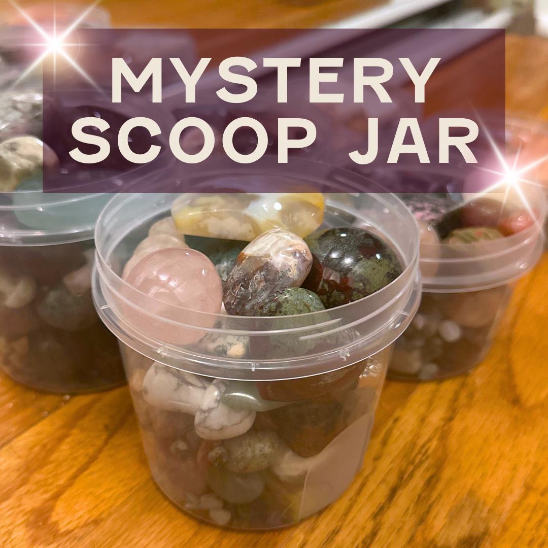 Mystery Crystal Lucky Scoop Jar of Tumbled Stones, Carvings, Towers, Spheres, Rocks, & Minerals Gift