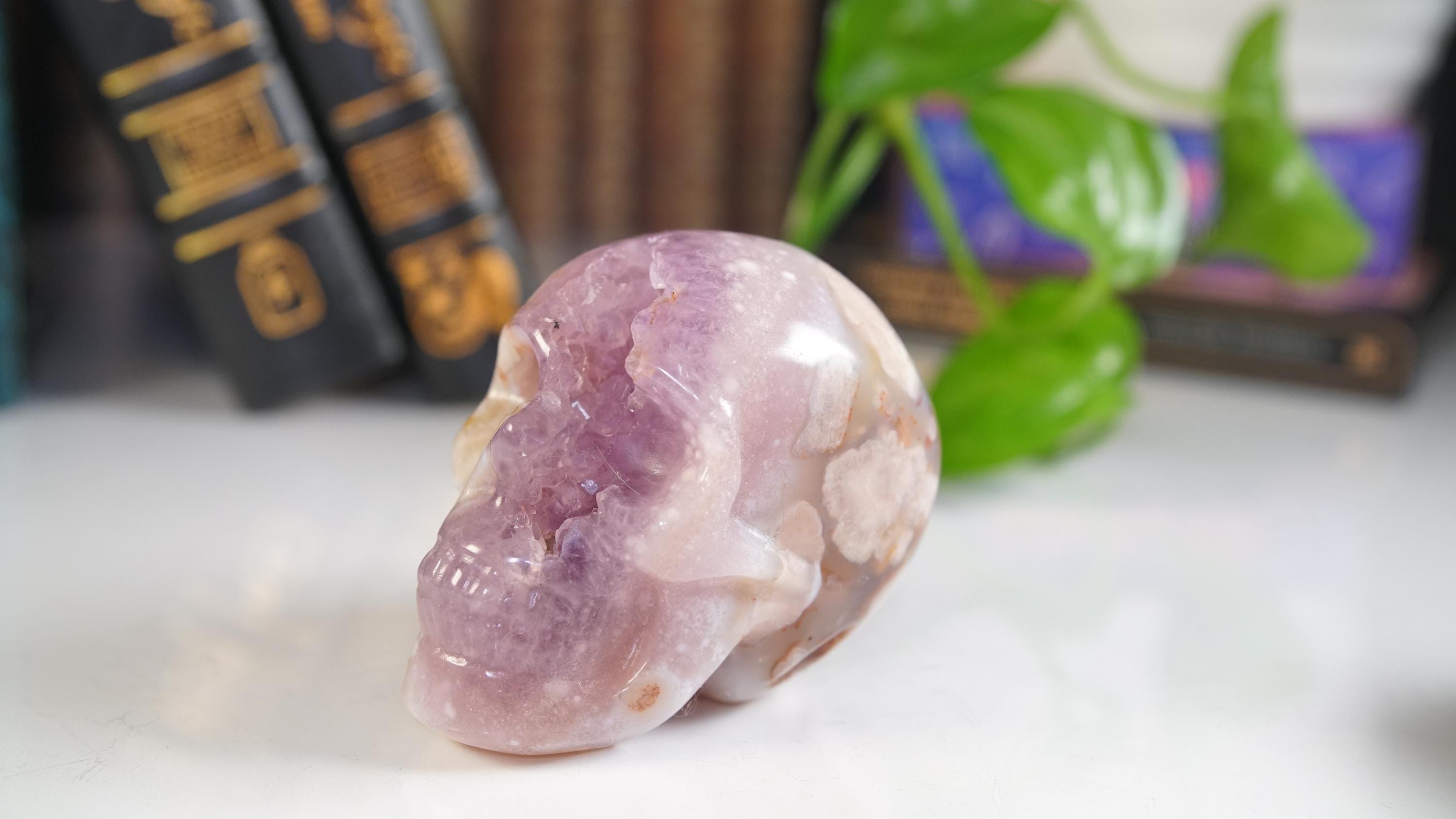 Pink Amethyst Flower Agate Skull Carving | Healing Quartz Crystal | US Seller