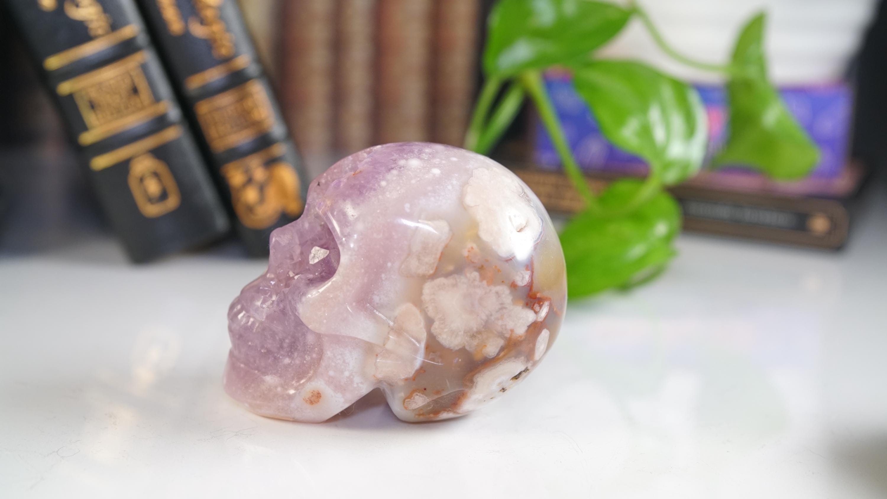 Pink Amethyst Flower Agate Skull Carving | Healing Quartz Crystal | US Seller