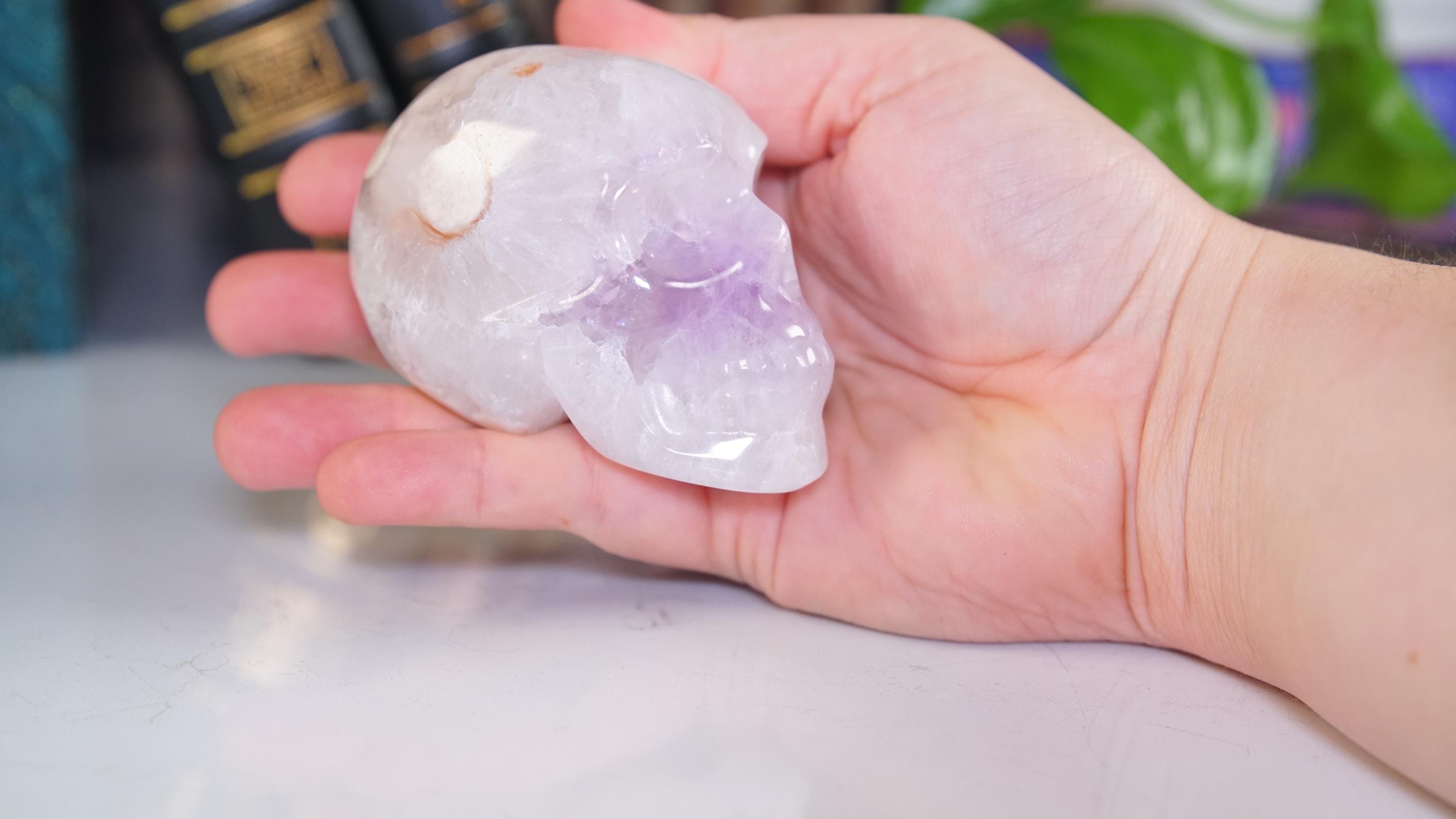 Pink Amethyst Flower Agate Skull Carving | Healing Quartz Crystal | US Seller