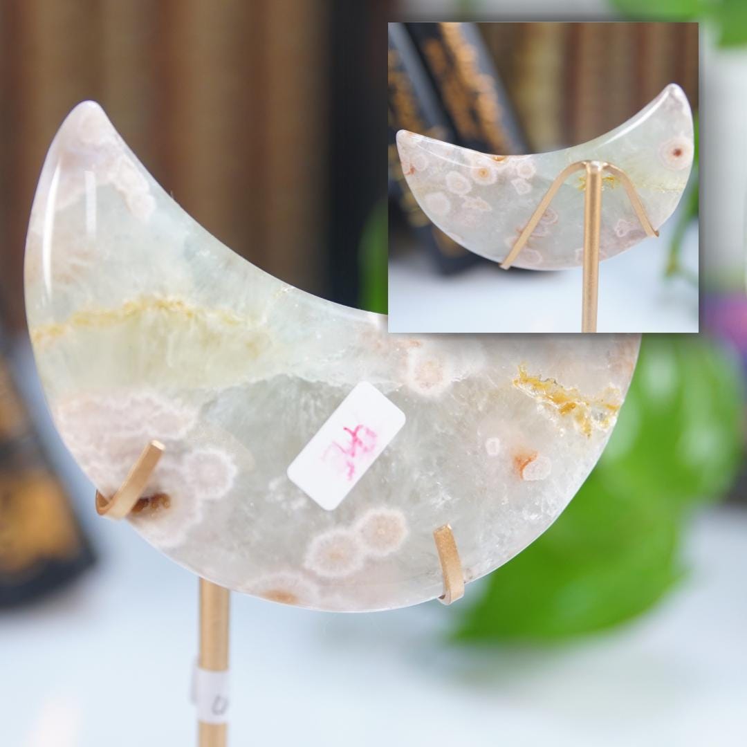 Green Quartz Flower Agate Moon With Stand | High Quality Crystal | Flower Agate | US Seller