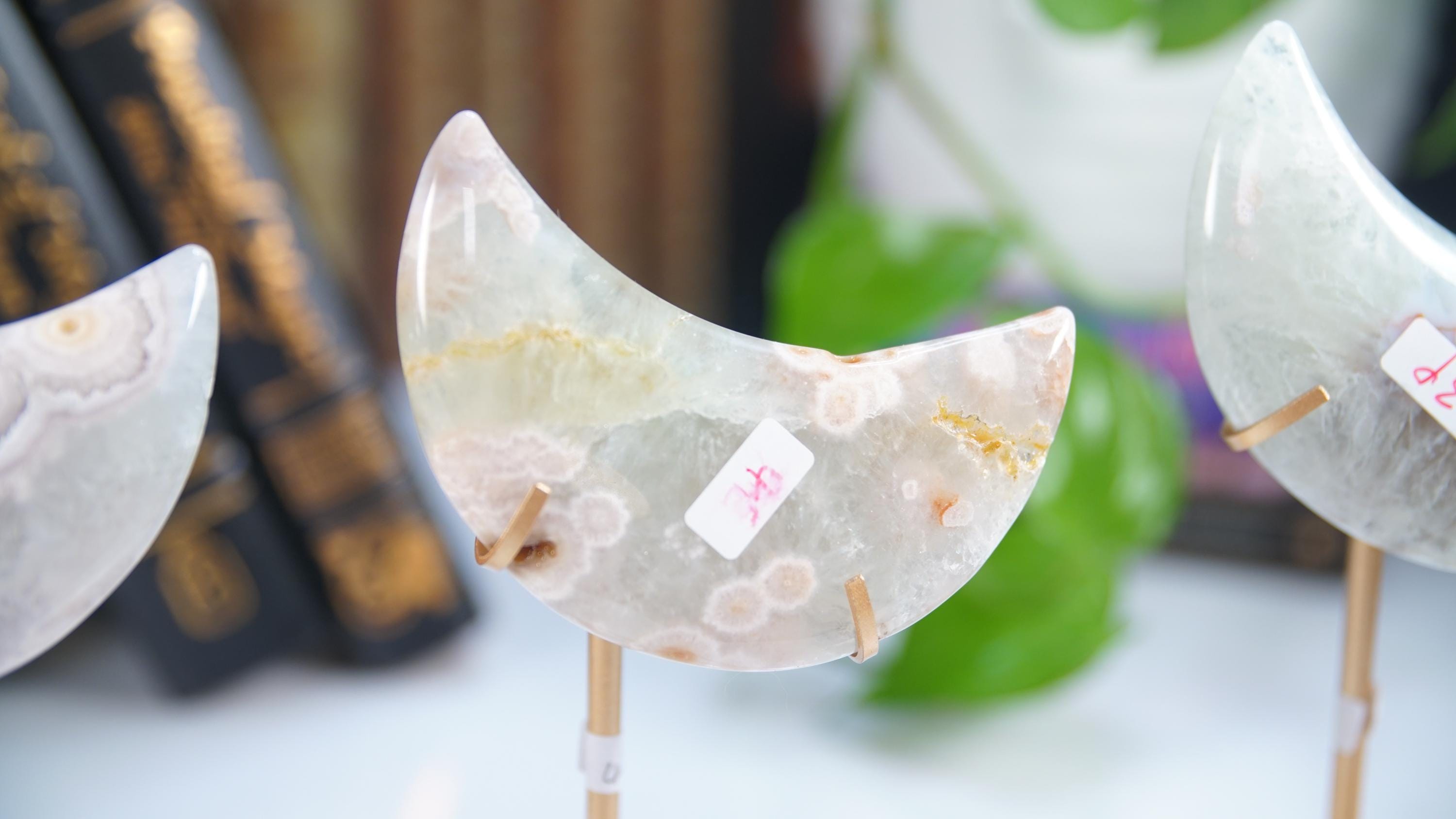 Green Quartz Flower Agate Moon With Stand | High Quality Crystal | Flower Agate | US Seller