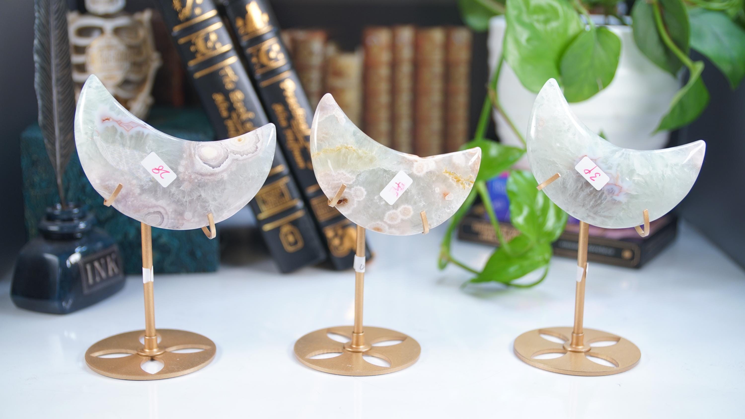 Green Quartz Flower Agate Moon With Stand | High Quality Crystal | Flower Agate | US Seller