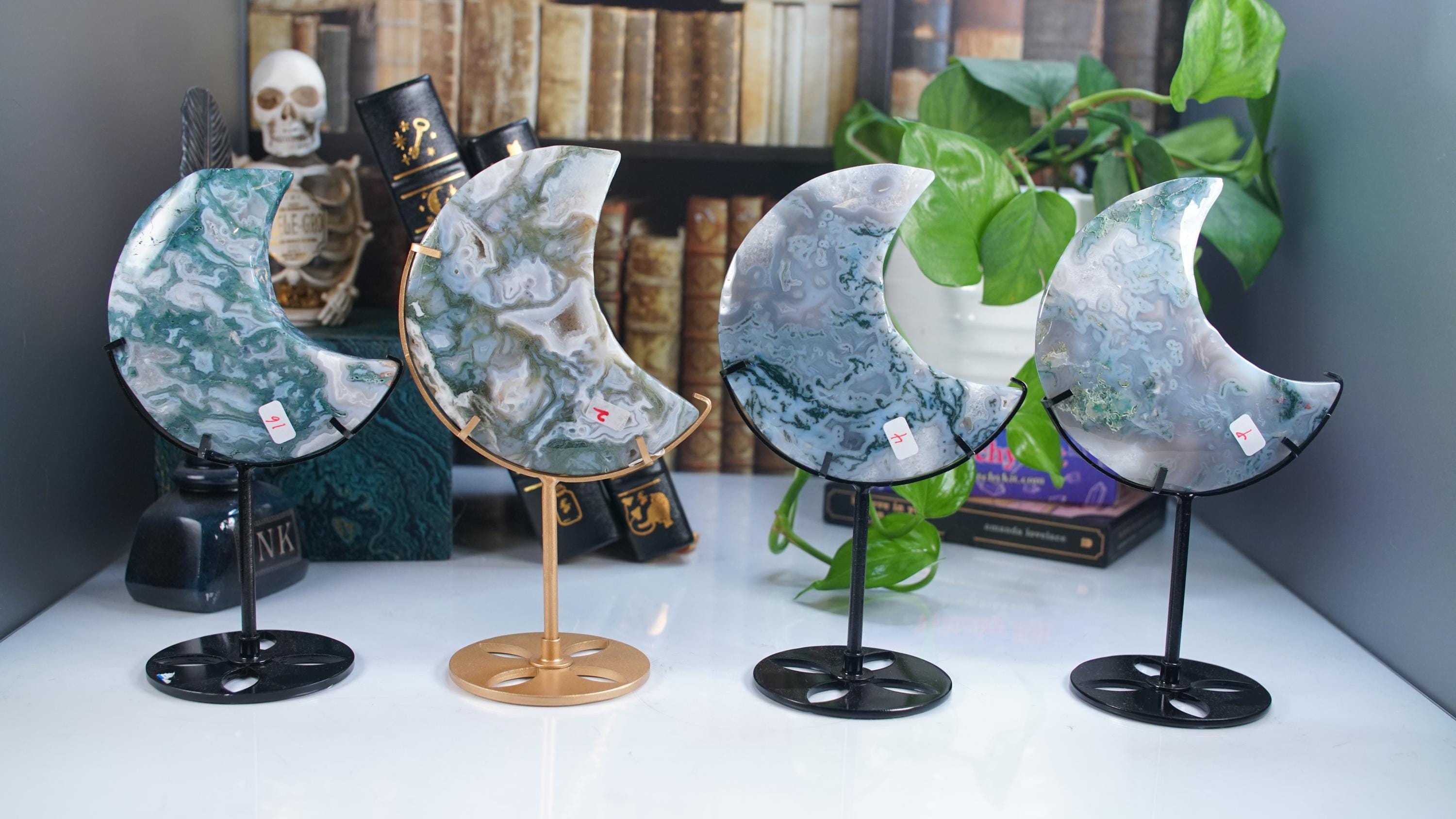 Moss Agate Moon With Stand | High Quality Crystal | Flower Agate | US Seller