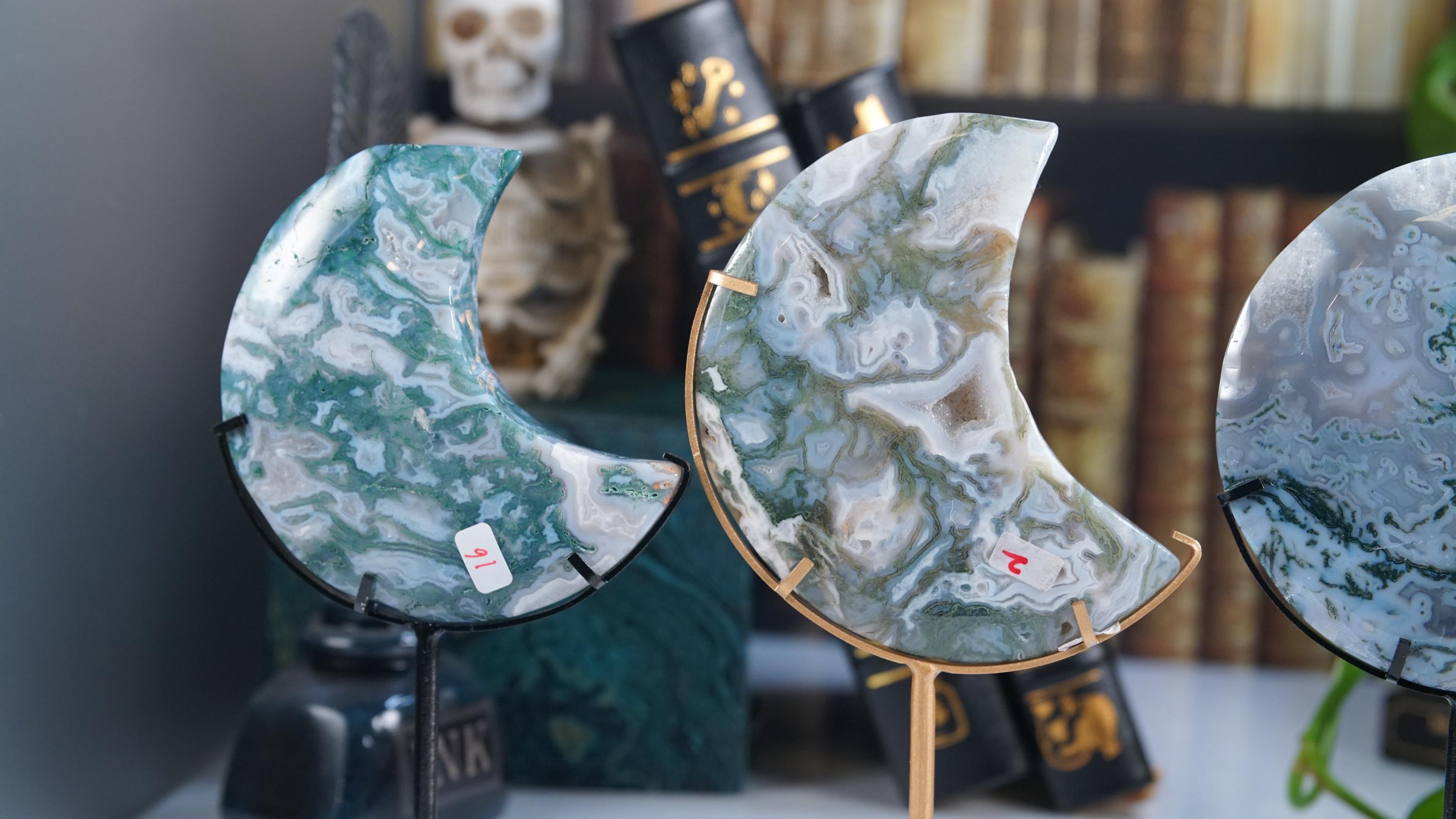 Moss Agate Moon With Stand | High Quality Crystal | Flower Agate | US Seller