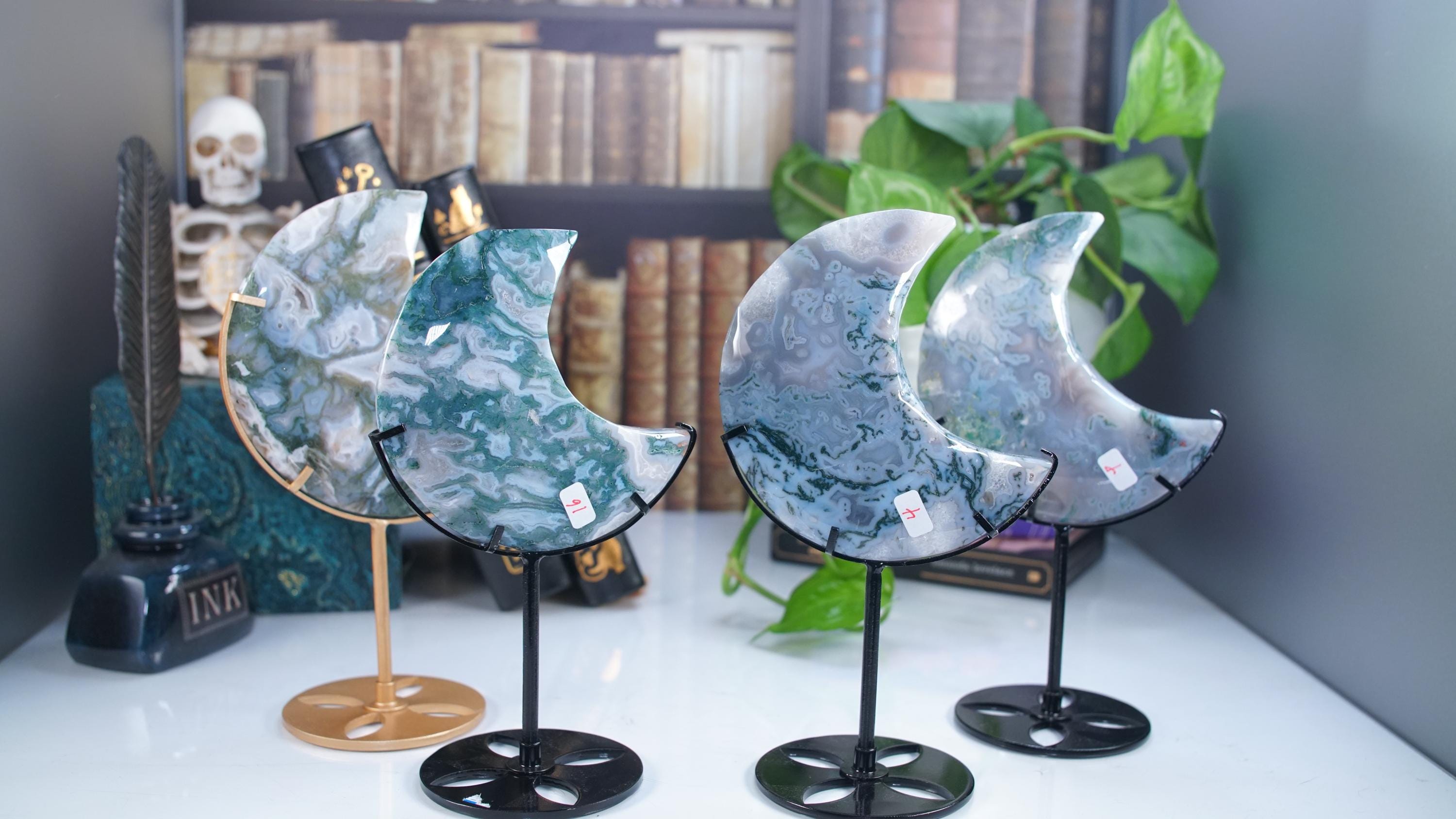 Moss Agate Moon With Stand | High Quality Crystal | Flower Agate | US Seller