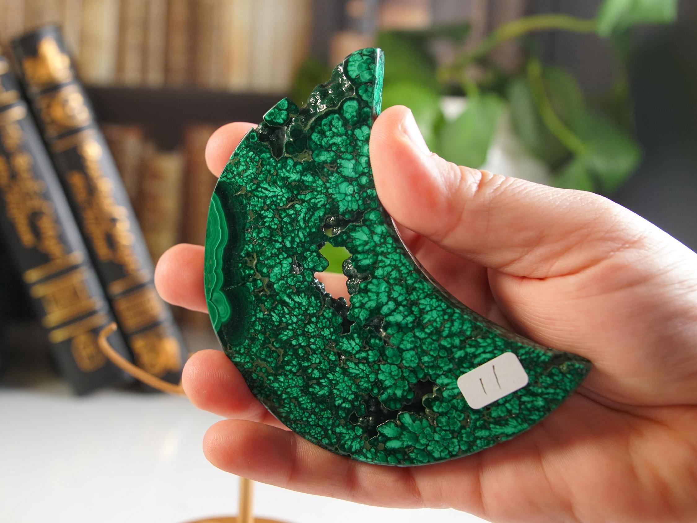 Green Malachite Moon With Stand | Carving | Protection Stress Anxiety Reiki | US Seller