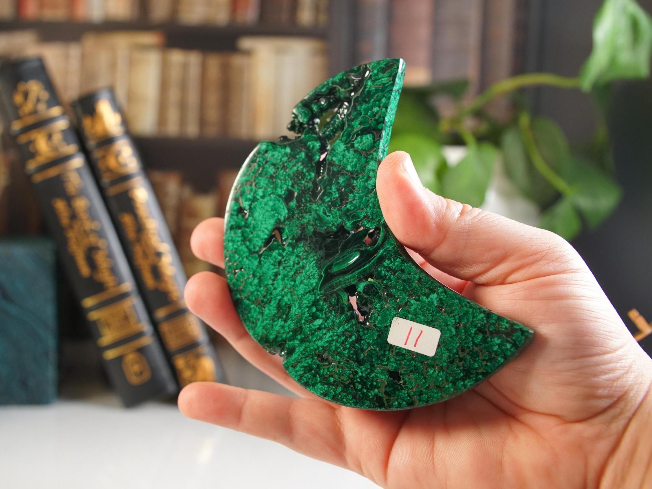Green Malachite Moon With Stand | Carving | Protection Stress Anxiety Reiki | US Seller