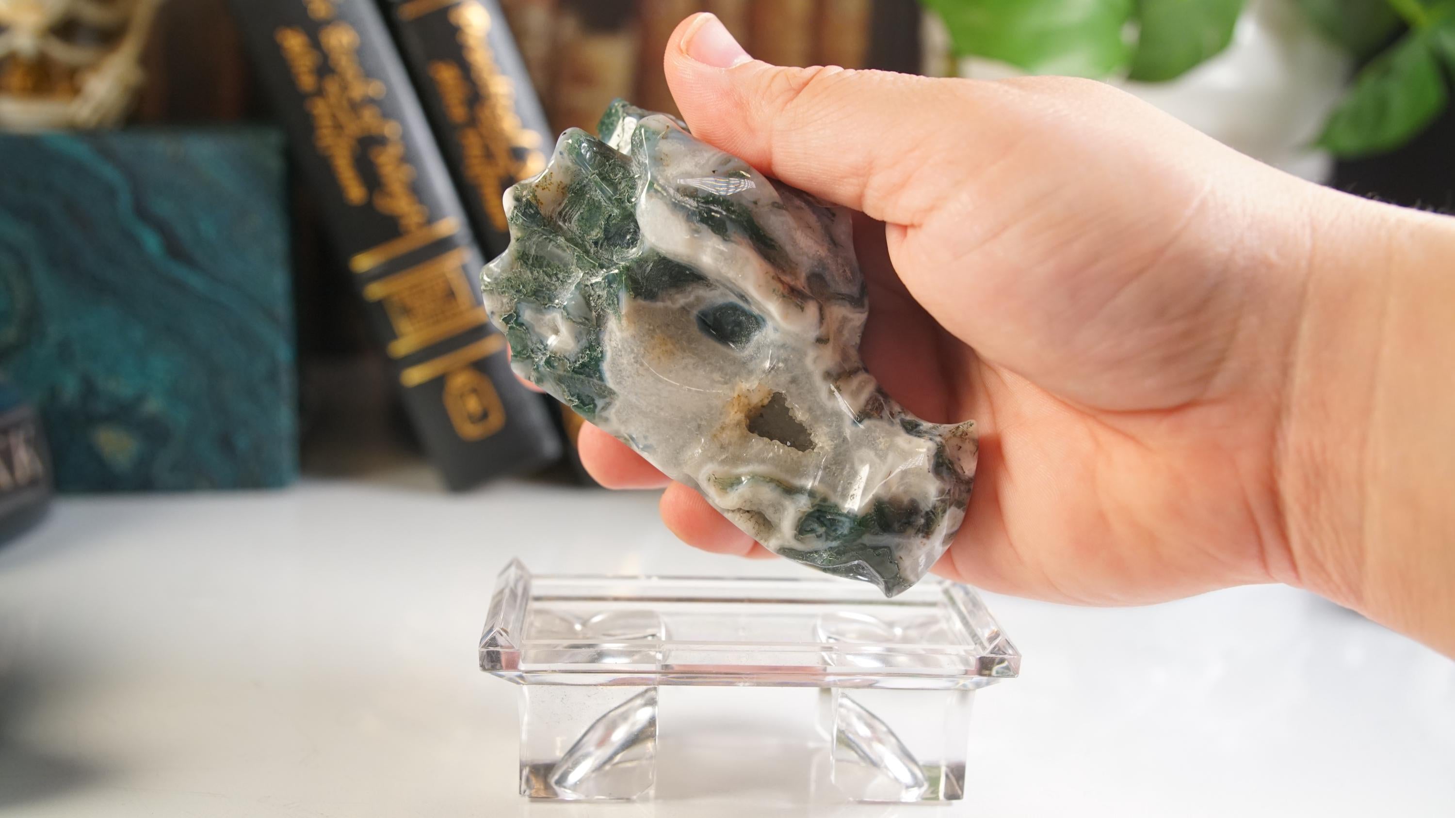 Moss Agate Dragon Head Healing Crystal Druzy Moss Agate Carving Stone Statue Energy Goddess Body Energy Reiki Altar