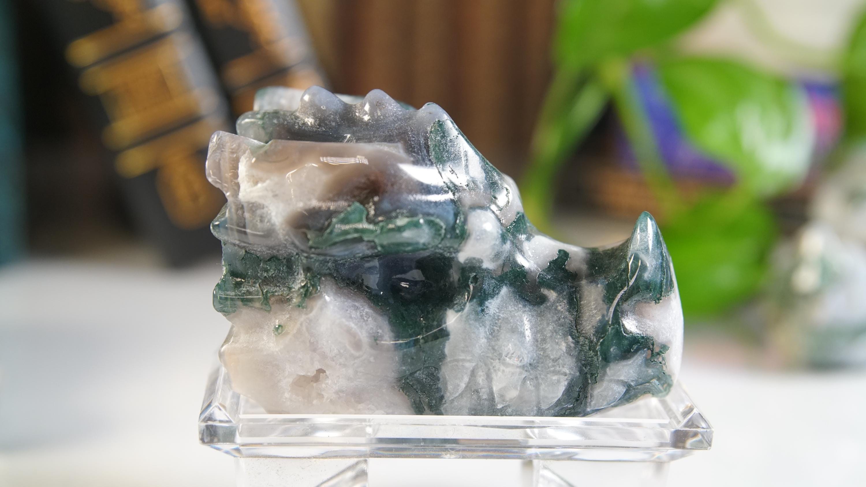 Moss Agate Dragon Head Healing Crystal Druzy Moss Agate Carving Stone Statue Energy Goddess Body Energy Reiki Altar