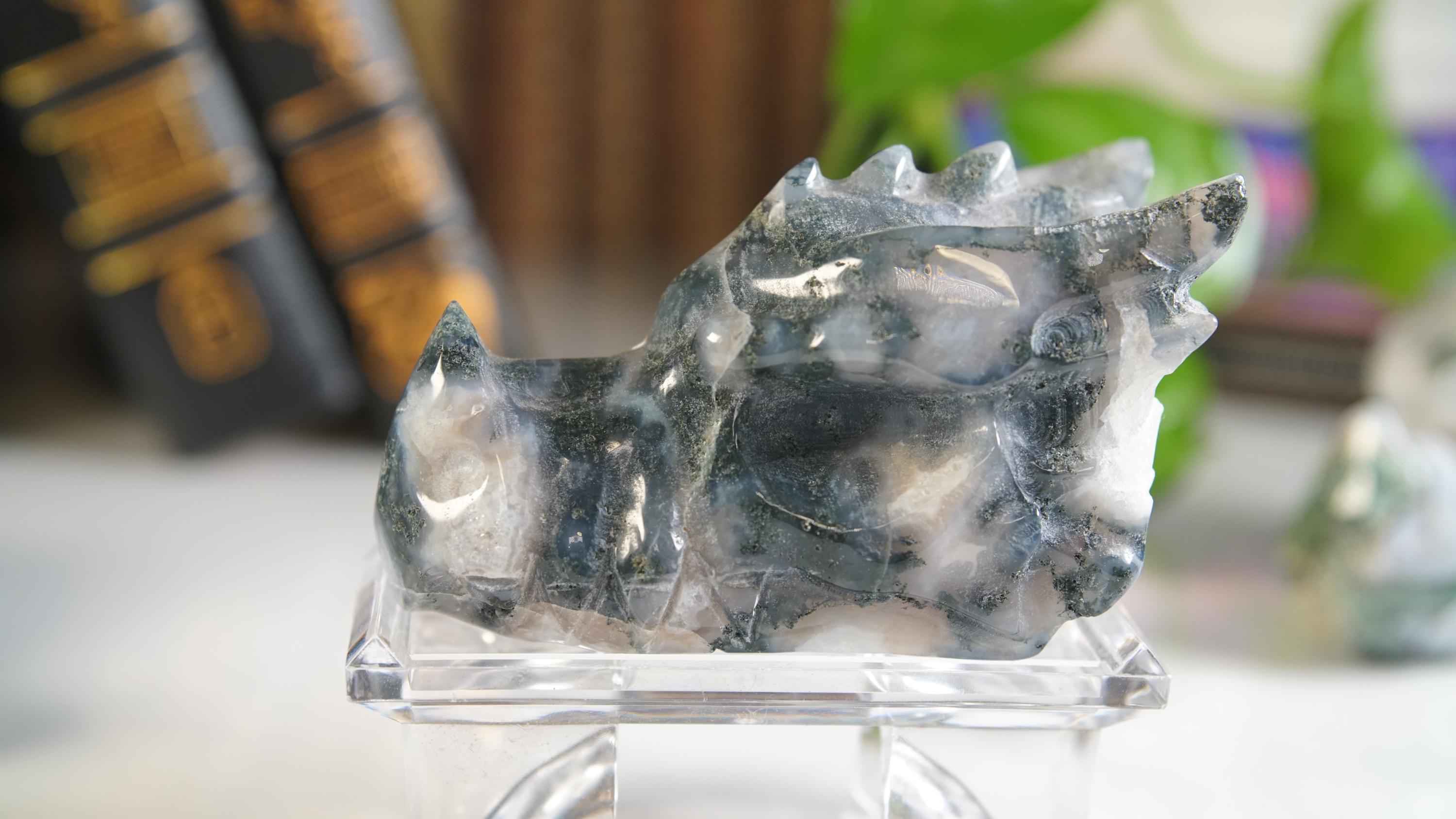 Moss Agate Dragon Head Healing Crystal Druzy Moss Agate Carving Stone Statue Energy Goddess Body Energy Reiki Altar