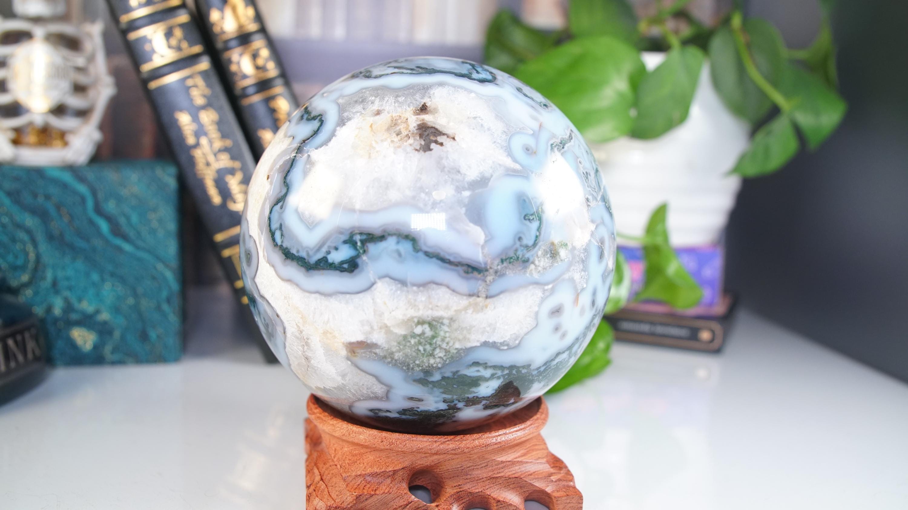 XL Blue Moss Agate Sphere | US Seller | Healing Crystal Druzy Moss Agate Carving Stone Statue Energy Energy Reiki Altar