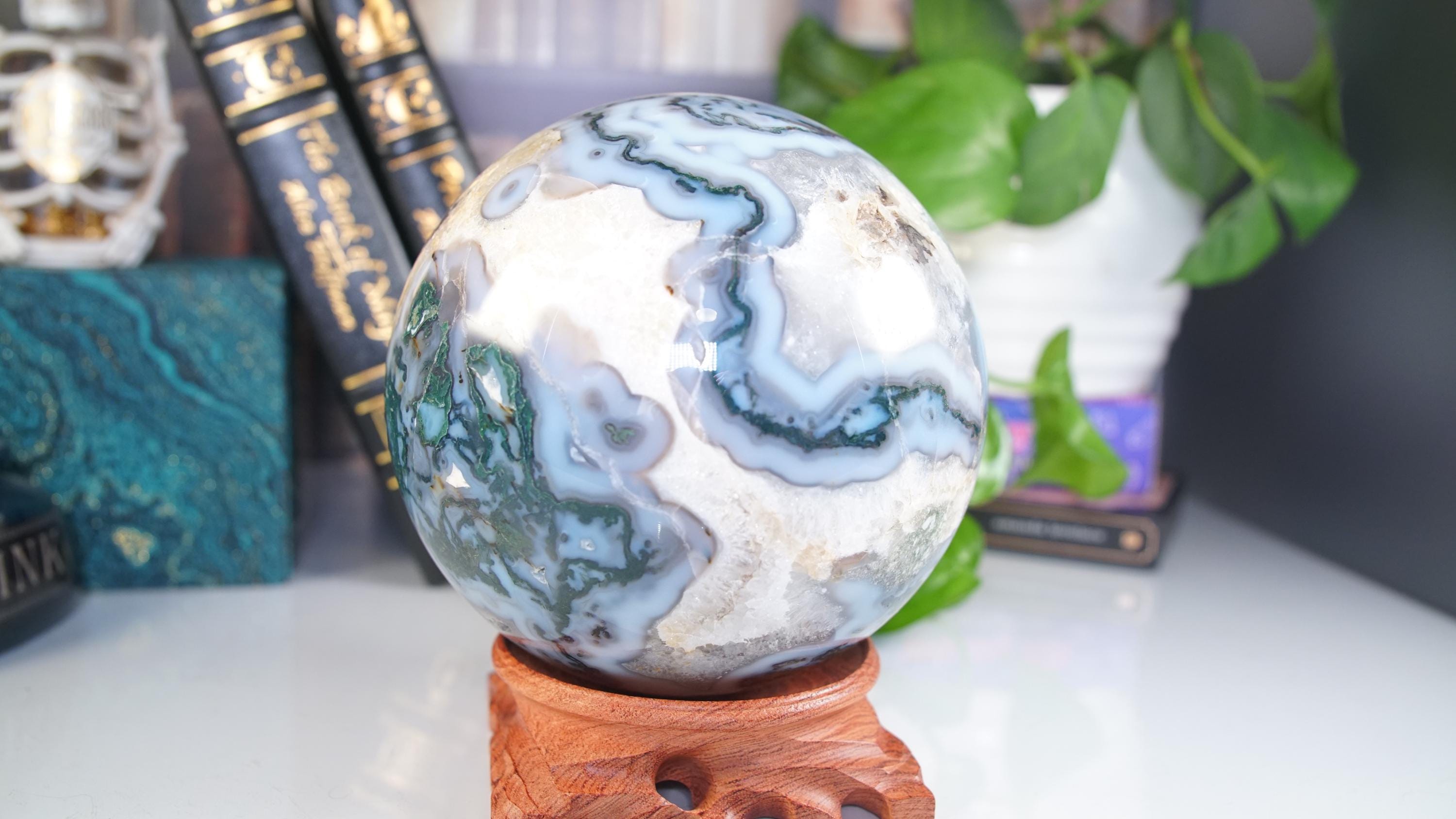 XL Blue Moss Agate Sphere | US Seller | Healing Crystal Druzy Moss Agate Carving Stone Statue Energy Energy Reiki Altar
