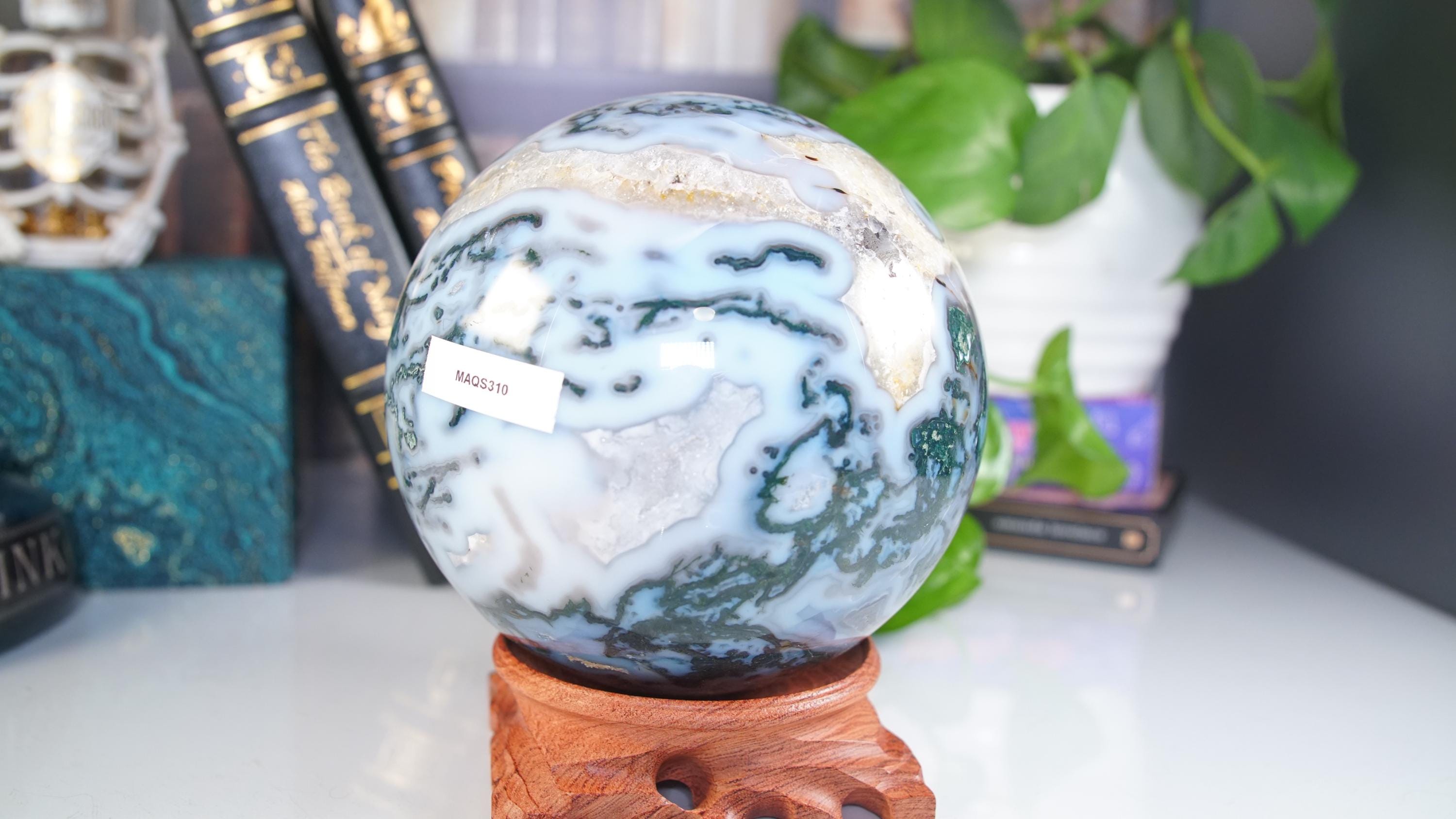 XL Blue Moss Agate Sphere | US Seller | Healing Crystal Druzy Moss Agate Carving Stone Statue Energy Energy Reiki Altar