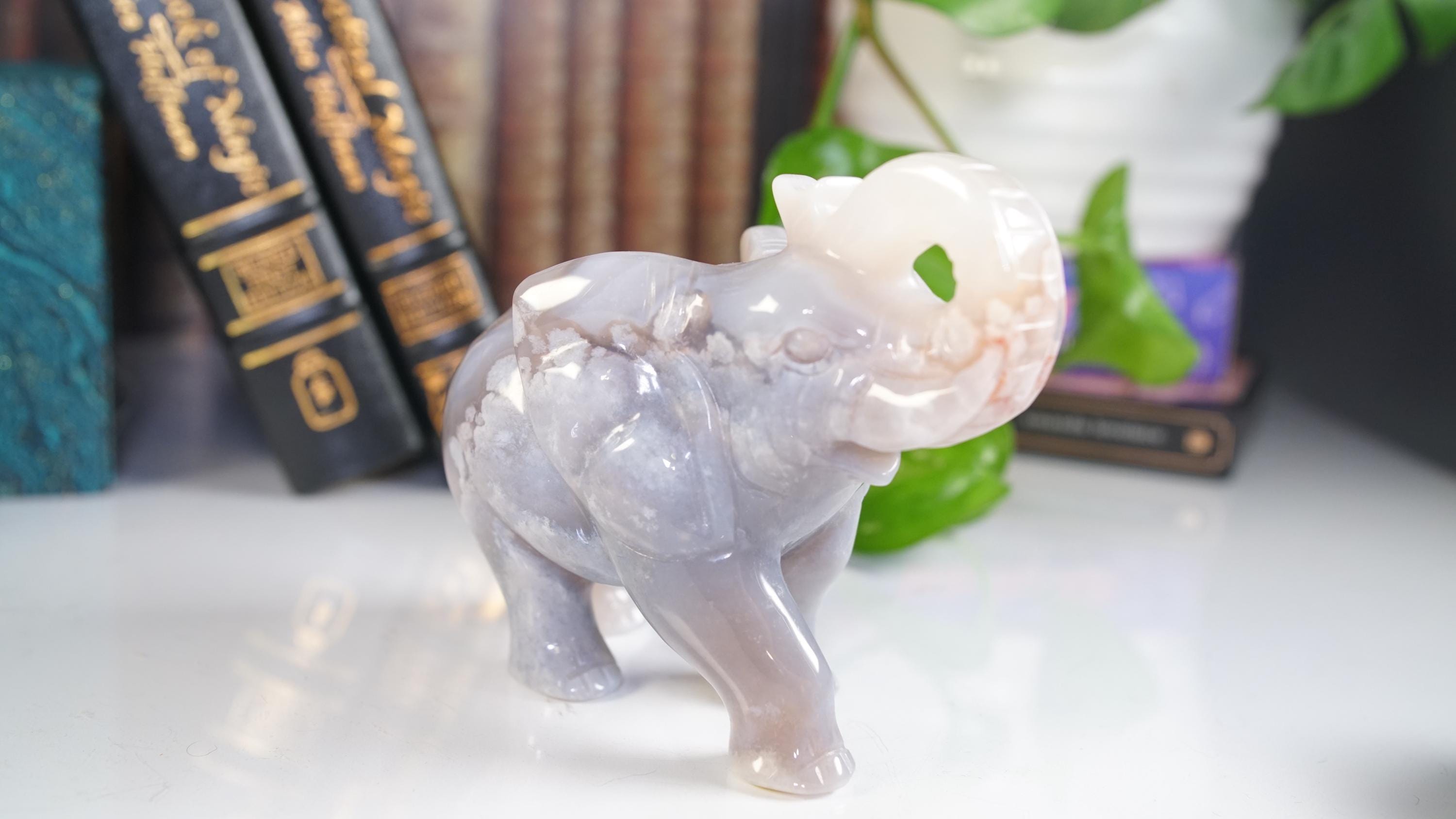 Flower Agate Elephant Crystal Carving | US Seller | Home Decor Energy Healing Feng Shui Altar Reiki Office Gift