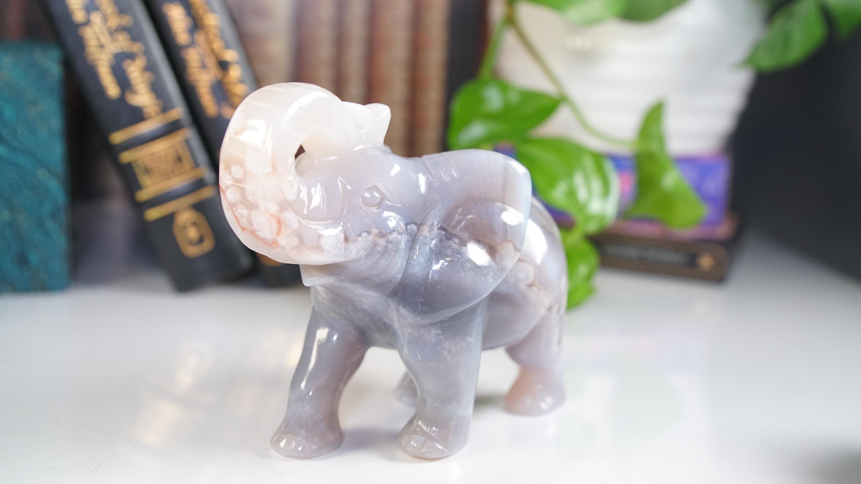 Flower Agate Elephant Crystal Carving | US Seller | Home Decor Energy Healing Feng Shui Altar Reiki Office Gift