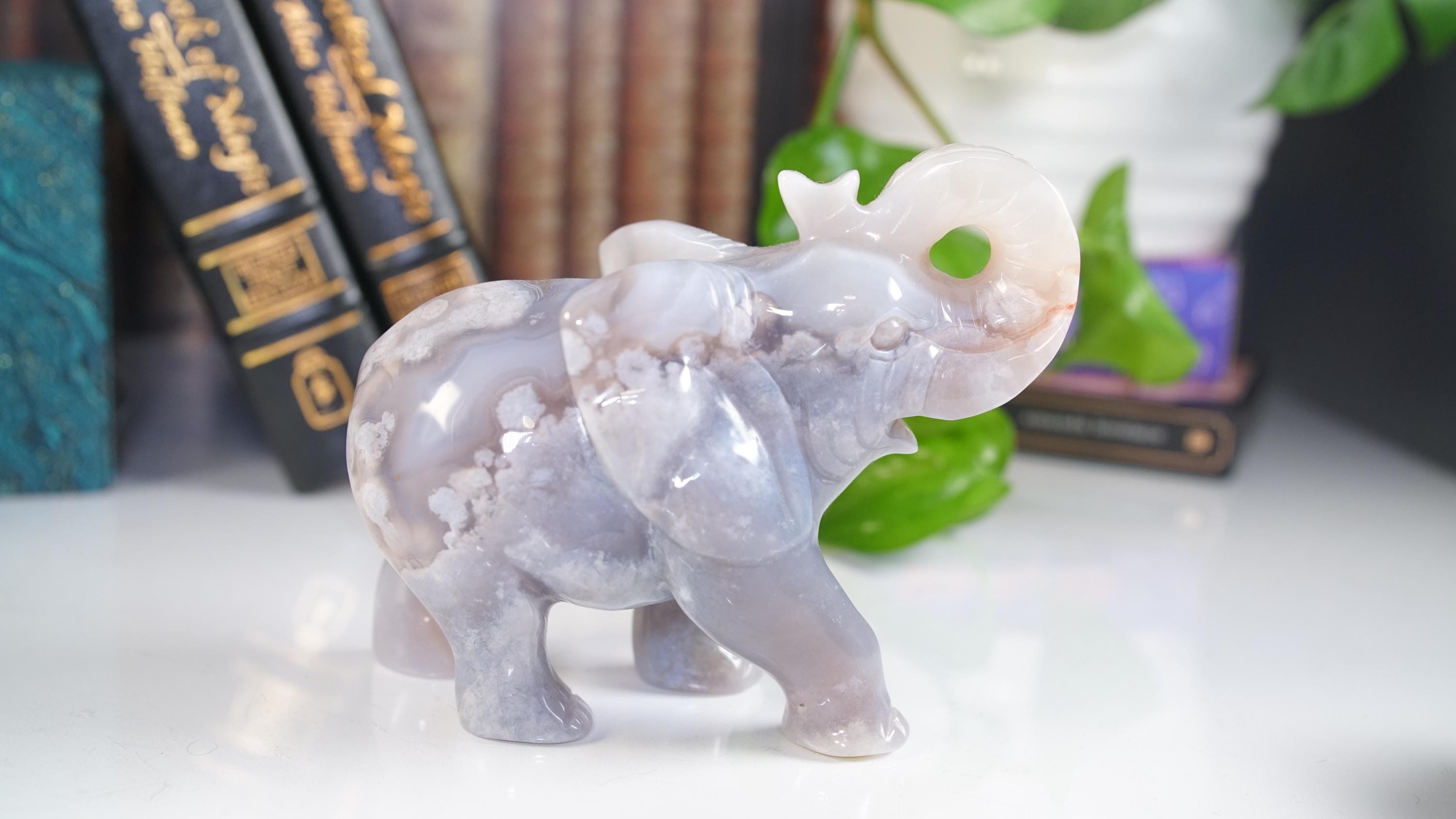 Flower Agate Elephant Crystal Carving | US Seller | Home Decor Energy Healing Feng Shui Altar Reiki Office Gift