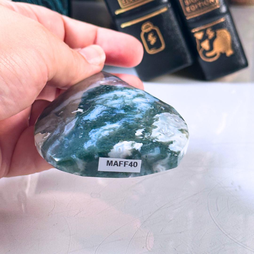 Druzy Moss Agate Teardrop | Flame Freeform Crystal Carving Statement Piece | US Seller