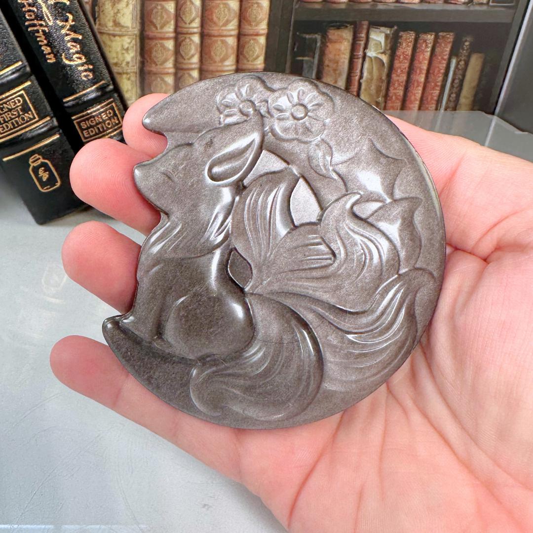 Silver Obsidian Fox With Stand | US Seller | Palm Sized Worry Stone Crystal Carving Altar Reiki Energy