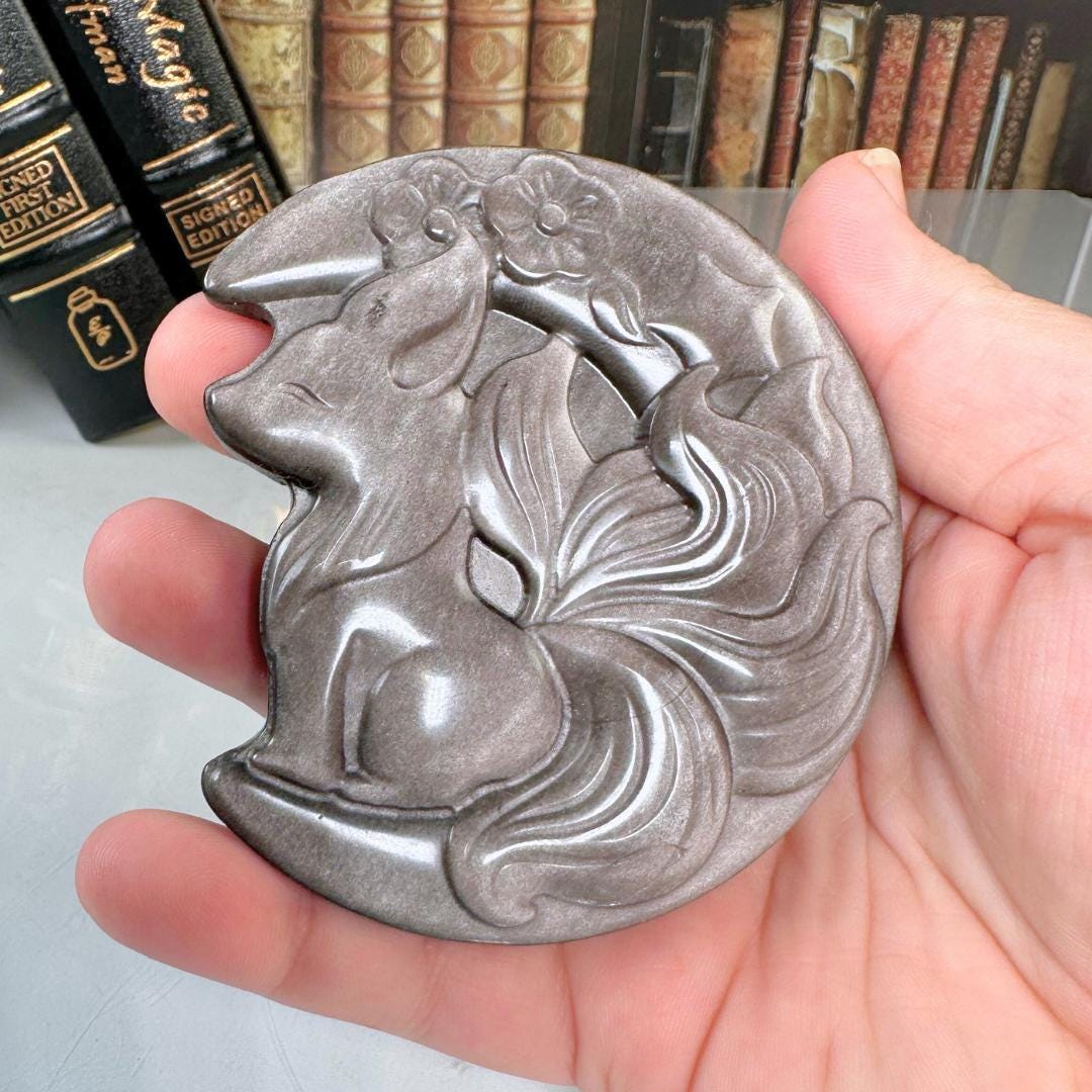 Silver Obsidian Fox With Stand | US Seller | Palm Sized Worry Stone Crystal Carving Altar Reiki Energy