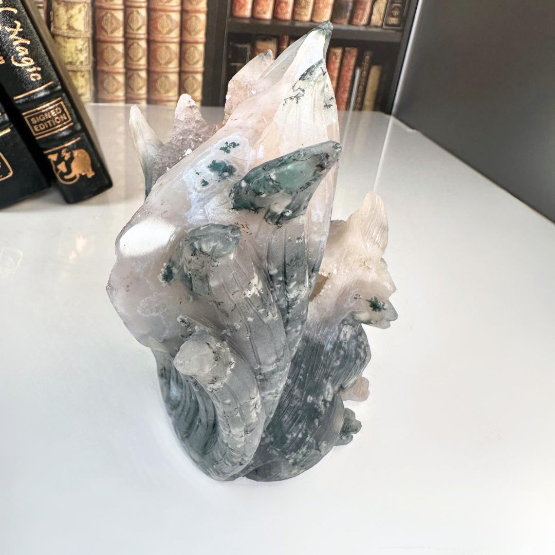 XL Druzy Moss Agate Fox Crystal Carving Geode Statement Piece