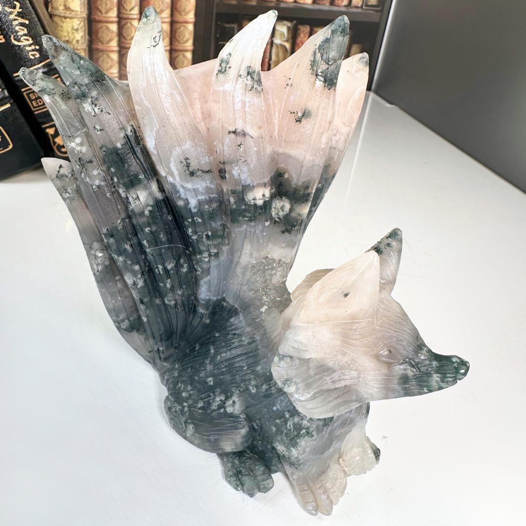XL Druzy Moss Agate Fox Crystal Carving Geode Statement Piece
