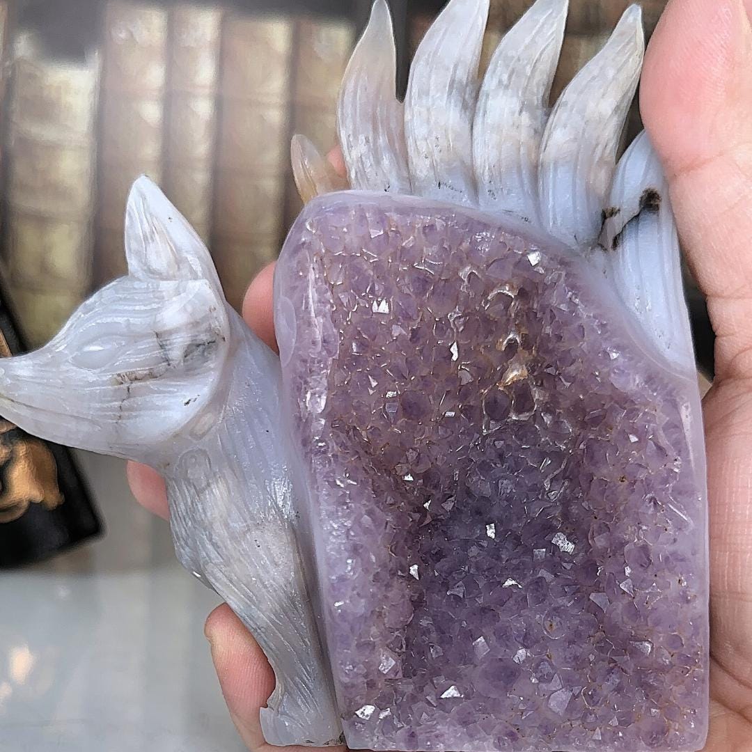Druzy Agate Amethyst Fox Crystal Carving Geode Statement Piece