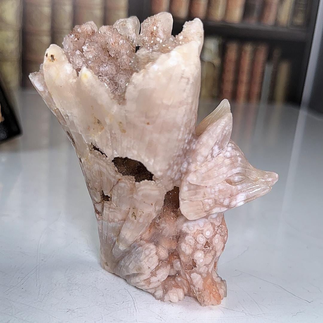 Druzy Flower Agate Pink Amethyst Fox Crystal Carving Geode Statement Piece