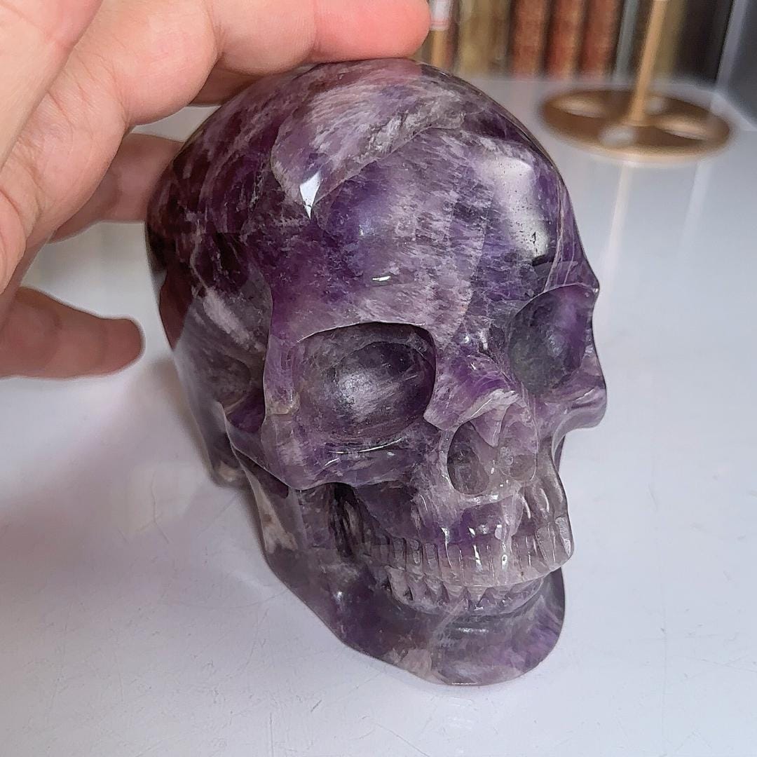 XL Amethyst Crystal Skull Carving, Chevron Healing Quartz Crystal Dream Amethyst Altar Feng Shui Altar Energy