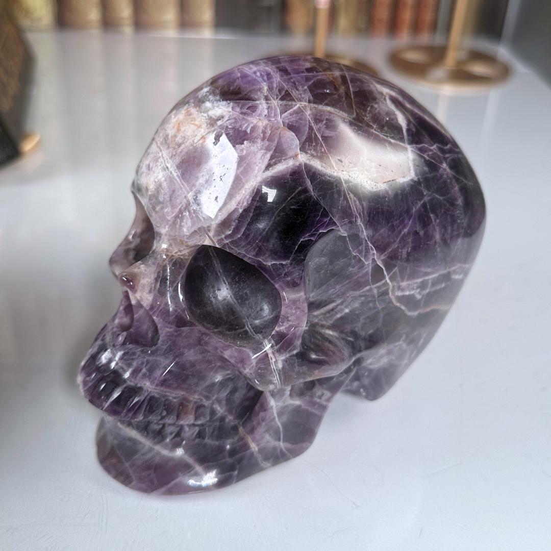 XL Amethyst Crystal Skull Carving, Chevron Healing Quartz Crystal Dream Amethyst Altar Feng Shui Altar Energy