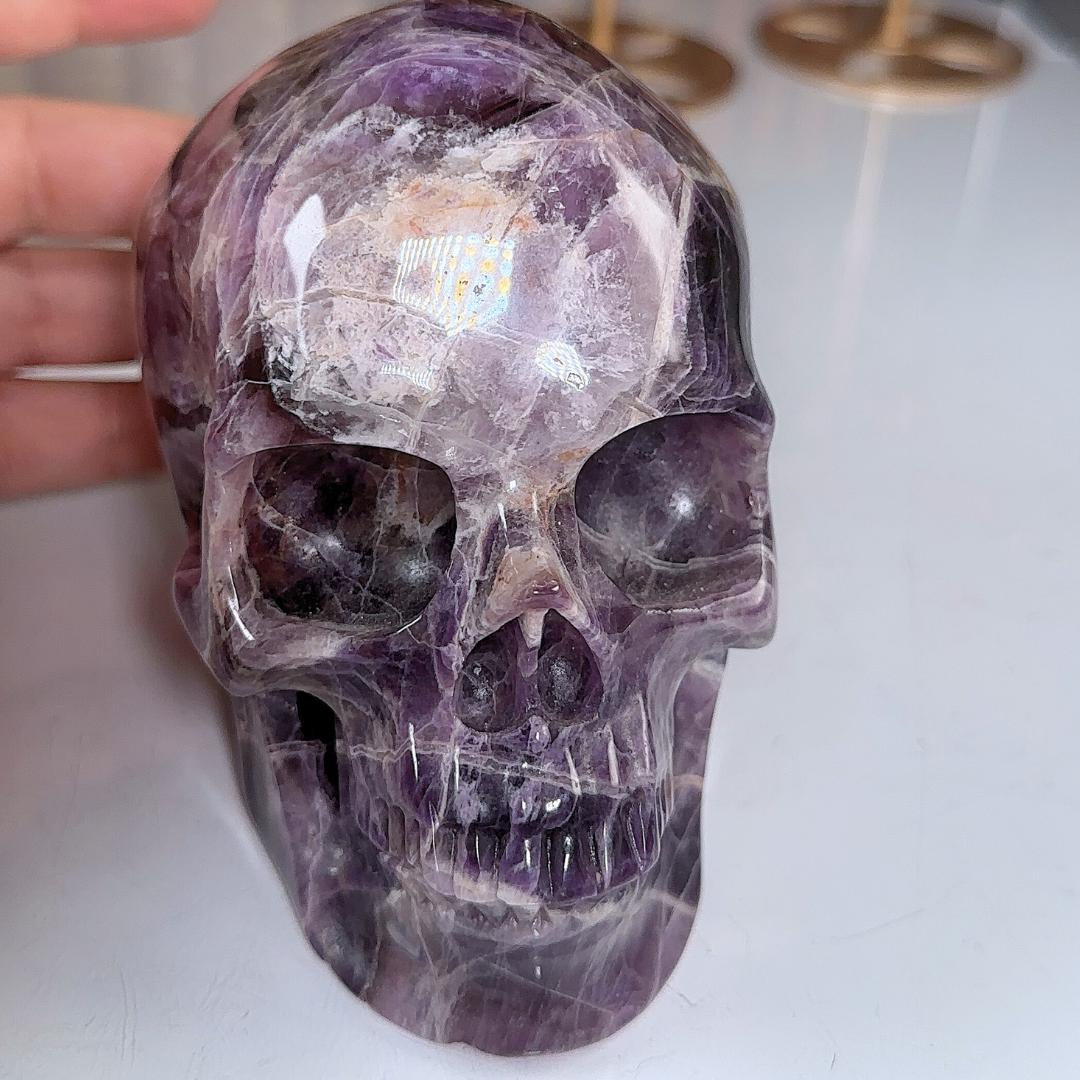 XL Amethyst Crystal Skull Carving, Chevron Healing Quartz Crystal Dream Amethyst Altar Feng Shui Altar Energy