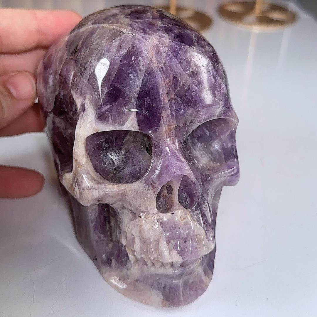 XL Amethyst Crystal Skull Carving, Chevron Healing Quartz Crystal Dream Amethyst Altar Feng Shui Altar Energy