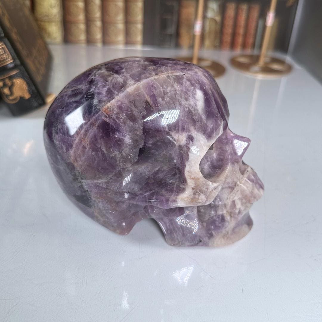XL Amethyst Crystal Skull Carving, Chevron Healing Quartz Crystal Dream Amethyst Altar Feng Shui Altar Energy