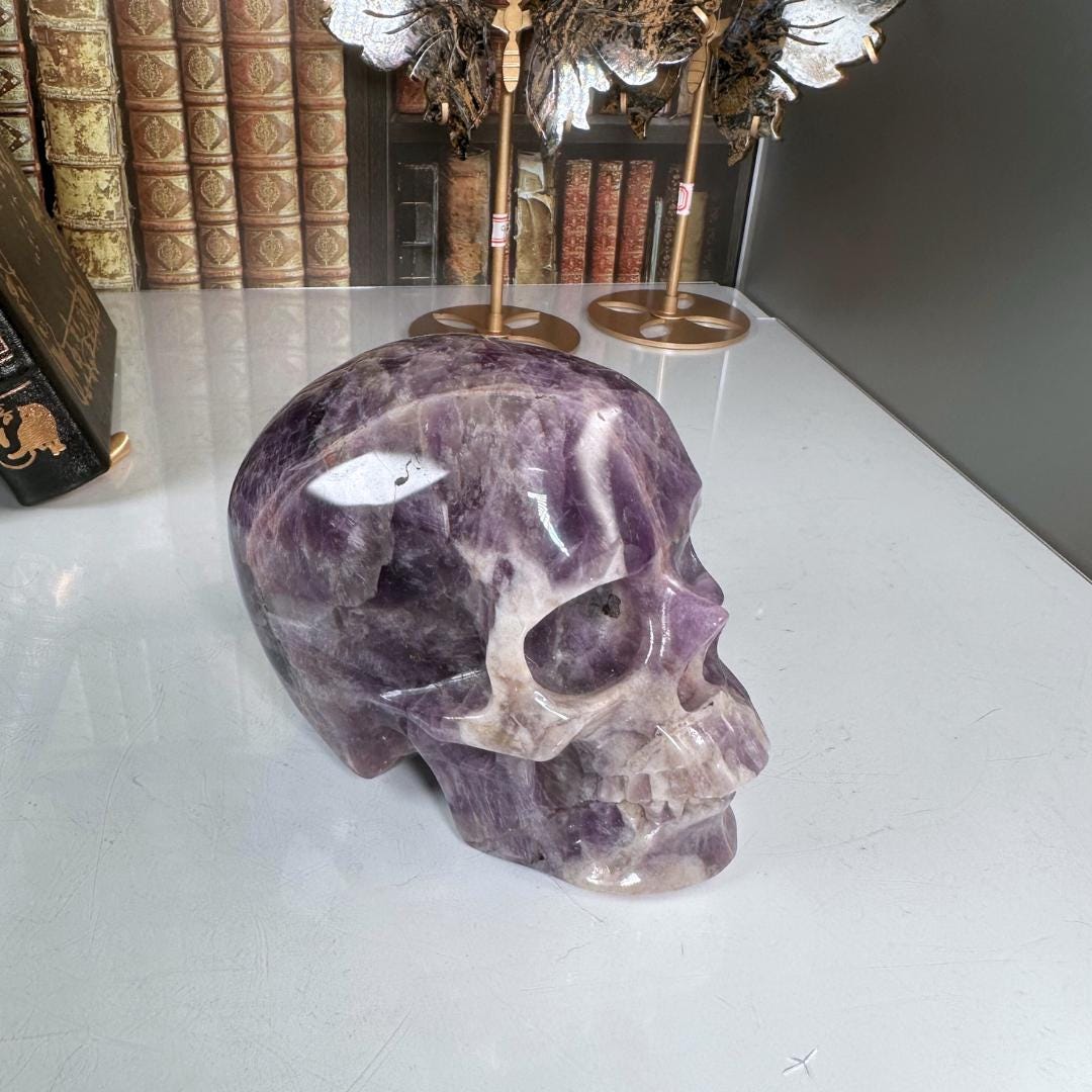 XL Amethyst Crystal Skull Carving, Chevron Healing Quartz Crystal Dream Amethyst Altar Feng Shui Altar Energy