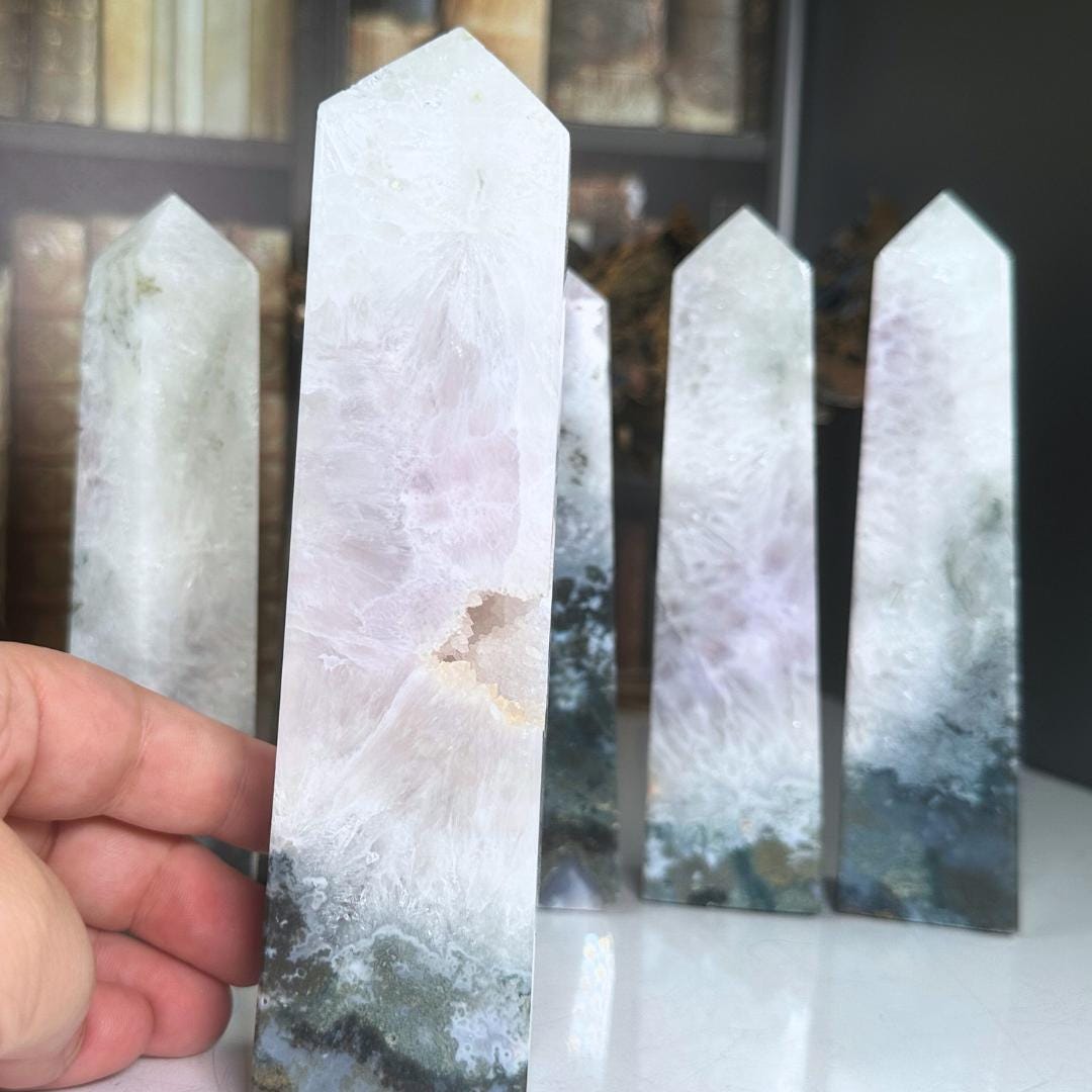 Moss Agate With Amethyst Tower Crystal | Point Green Crystal Tower Healing | US Seller