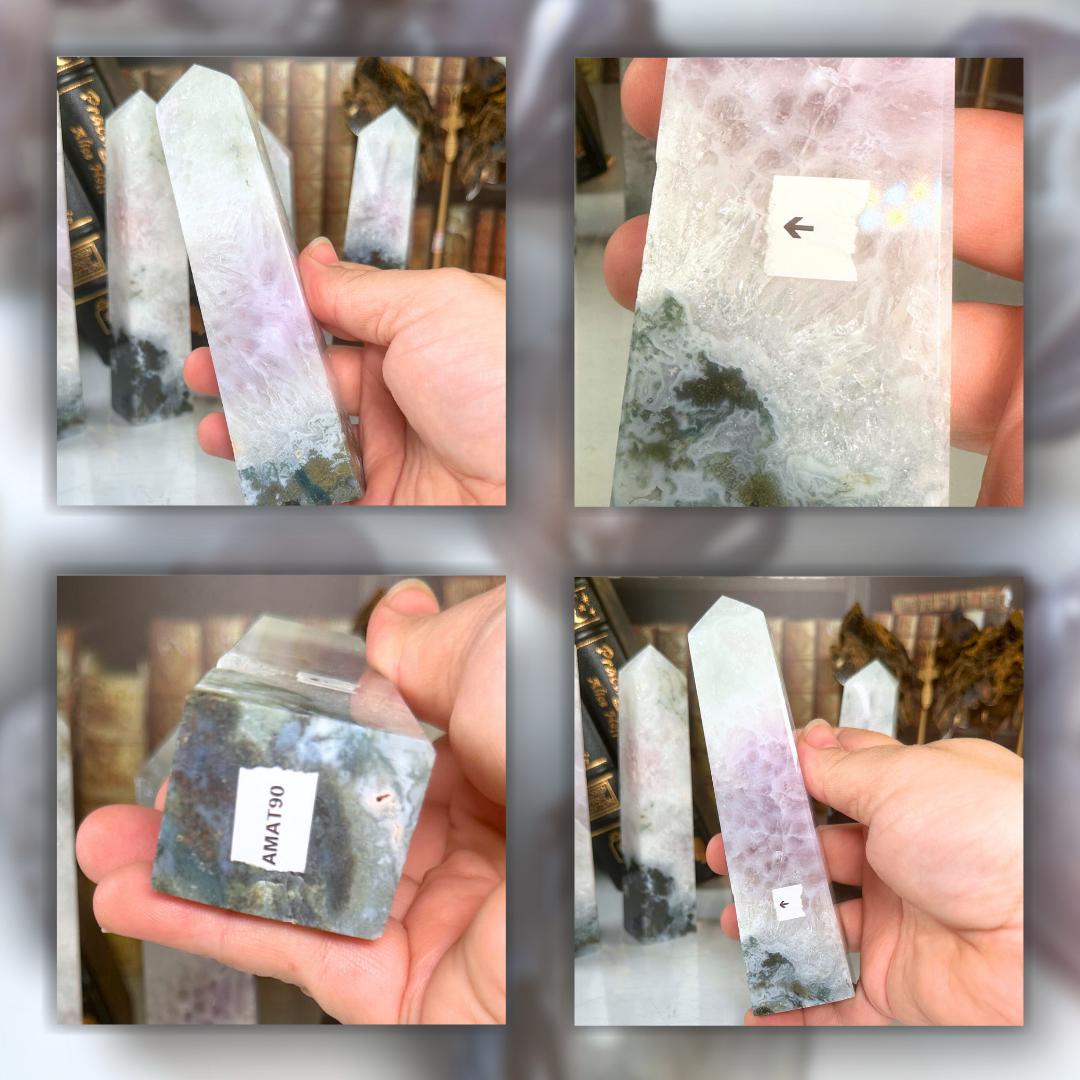 Moss Agate With Amethyst Tower Crystal | Point Green Crystal Tower Healing | US Seller