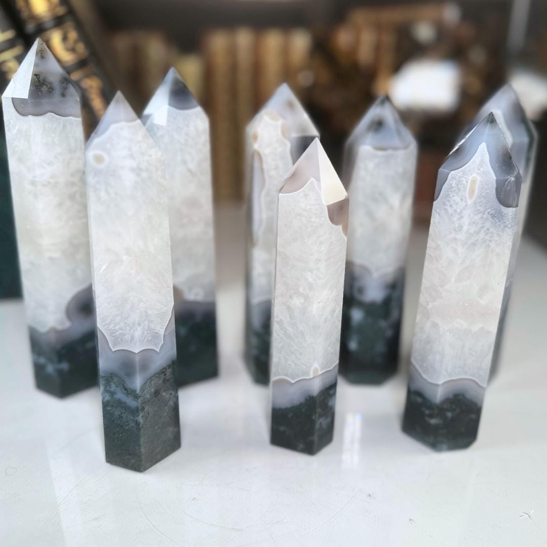 Moss Agate Quartz Tower Crystal | Point Green Crystal Tower Healing | US Seller