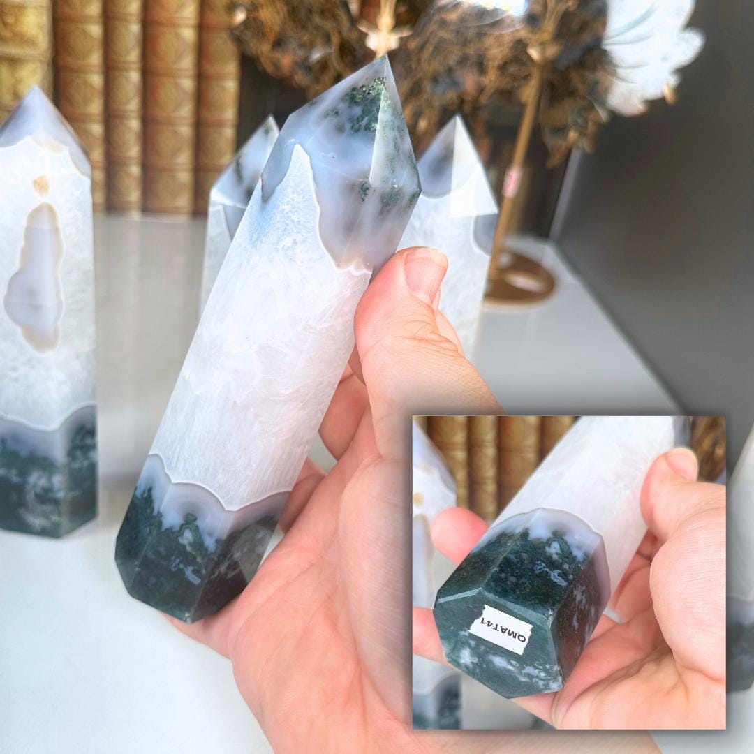 Moss Agate Quartz Tower Crystal | Point Green Crystal Tower Healing | US Seller