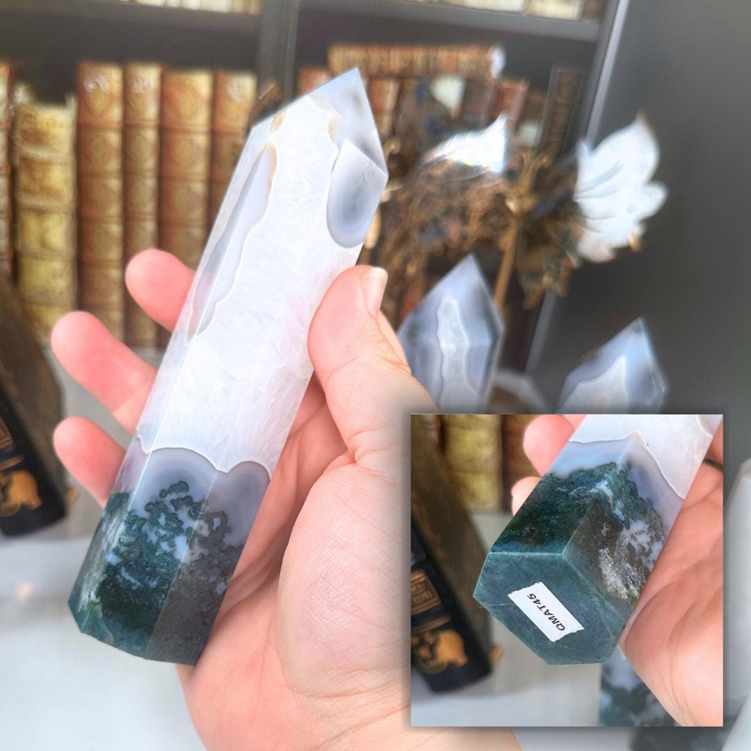 Moss Agate Quartz Tower Crystal | Point Green Crystal Tower Healing | US Seller